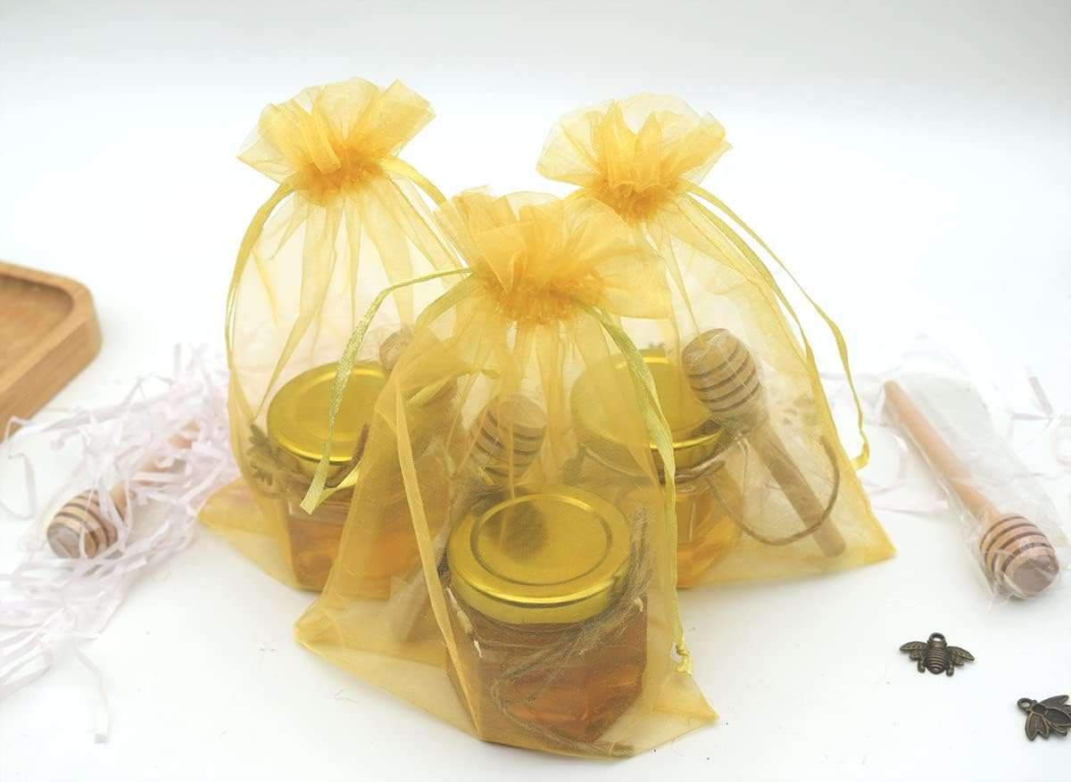 Adabocute Honey Pot, Mini Glass Honey Jars with Wood Dipper, Gold Lid, Bee Charms, Gold Organza Bags, Thank-you Tags, Ideal for Baby Showers Wedding Favors Party Favors, 2oz 30 Pack