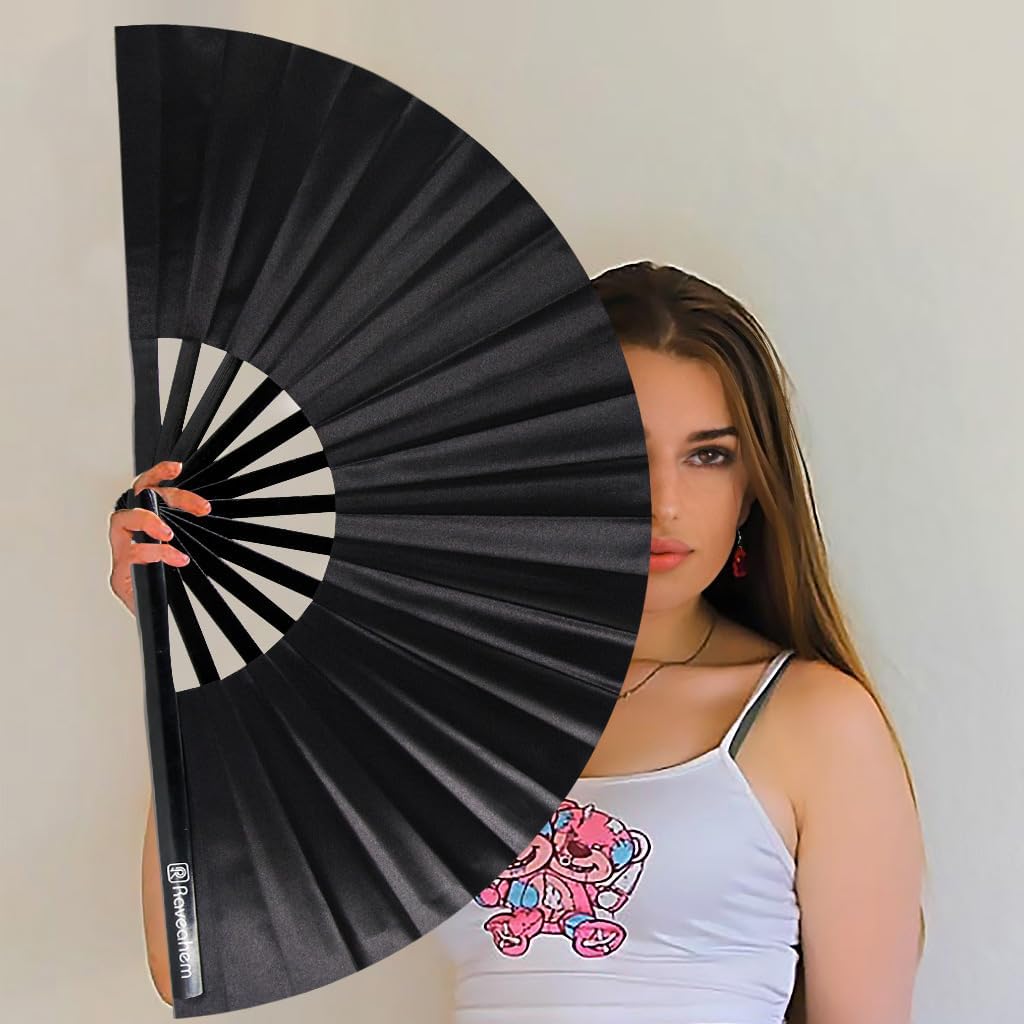 13" Large Rave Fan Bamboo, Folding Clack Hand Fans Foldable for Men Women, Boots on the Ground Poping Fan for EDM Festival Line Dance Decoration, (Black2, Large 13")