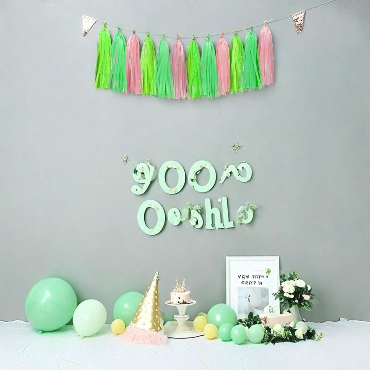 Green Light Green and Pink Tassel Garland Banner Paper Tassels for Party Decorations,Pack of 15