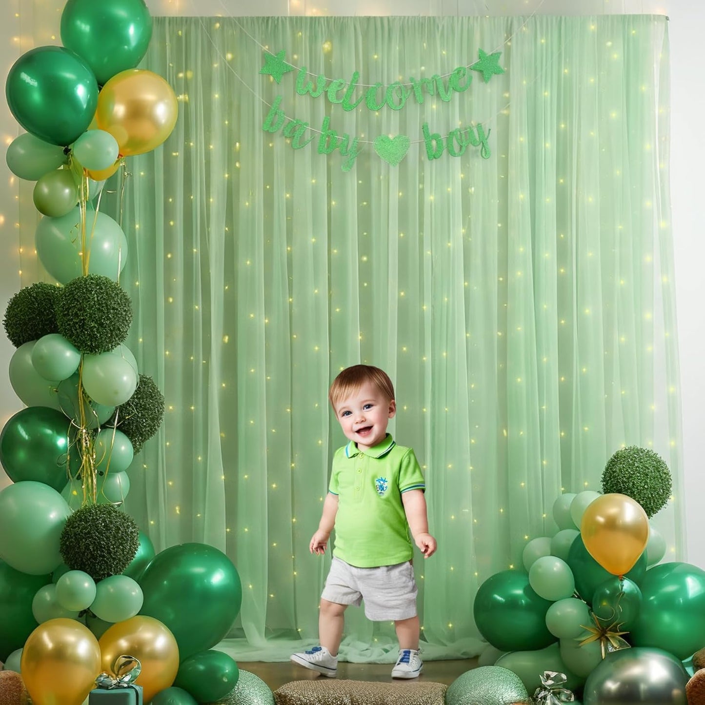 30×10ft Green Tulle Backdrop Curtain with Lights String for Parties, Sheer Photo Backdrop Curtains for Wedding Party Photography Background