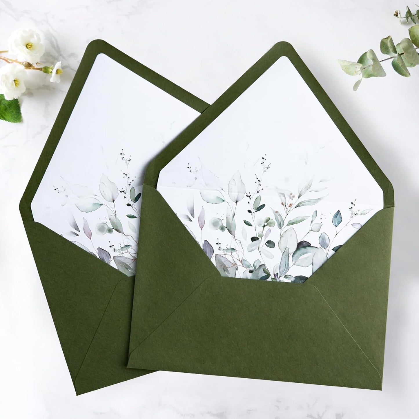 PONATIA 50PCS A7 Euro Flap Envelope, 5.25 x 7.25'' Olive Green Flowers Liner Envelopes for Wedding Invitations, Photos, Postcards, Greeting Cards, Christmas Gift, Acrylic Mailing, 5 x 7 Envelopes