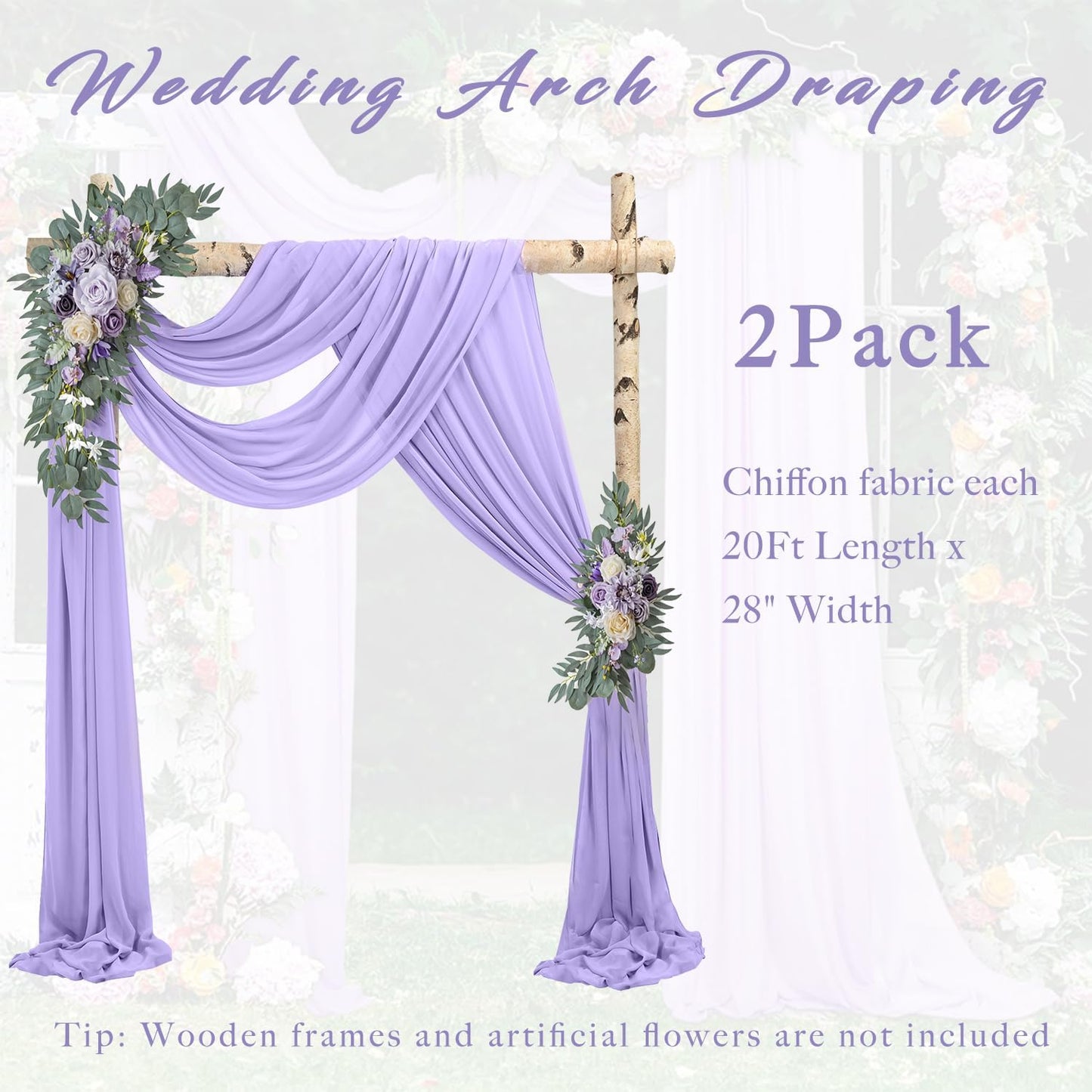 Wedding Arch Draping Fabric 2 Panels 20Ft Length x 28" Width Lilac Arch Drapes Chiffon Fabric Sheer Curtains Backdrop for Party Ceremony Decor Wedding Outdoor Indoor Stage Reception Decorations