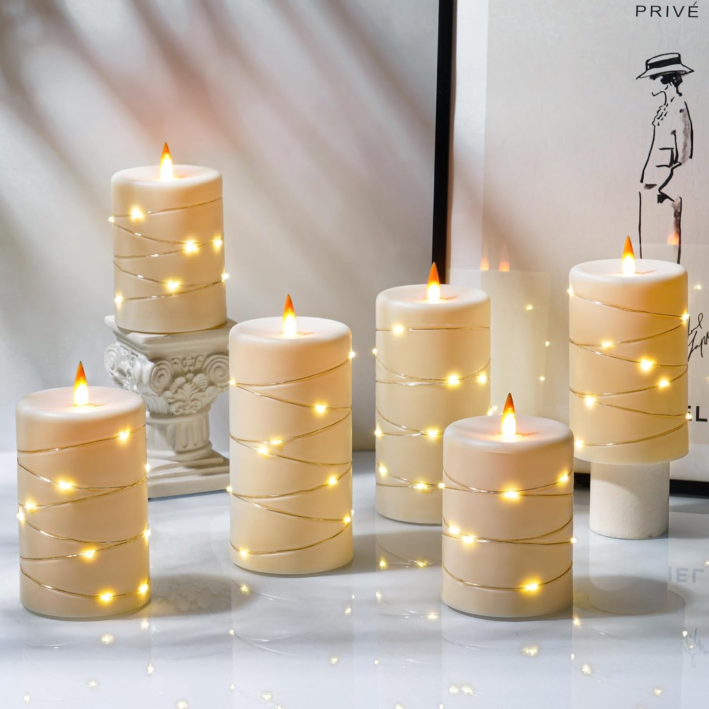 Upinmz 6 Pack Flickering Flameless Candles with String Lights,Unbreakable Acrylic Battery Operated Candle with Remote Control and Timer - Ivory White