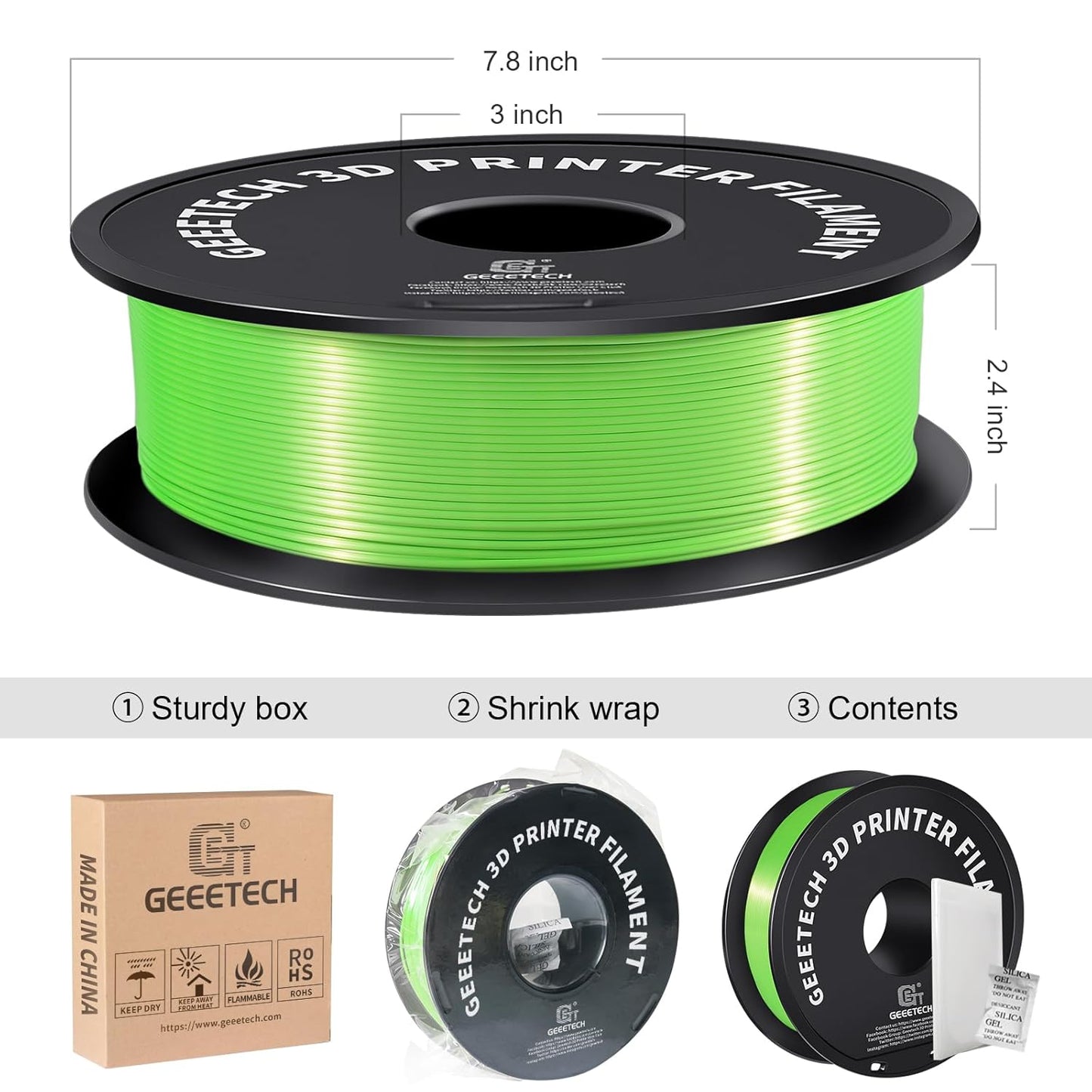 Geeetech Silk PLA Filament 1.75mm 3D Printer Filament Apple Green, Metal-Like Shiny Silk PLA Filament, 1kg (2.2lbs) 1 Spool, Dimensional Accuracy +/- 0.02 mm, Bright Green