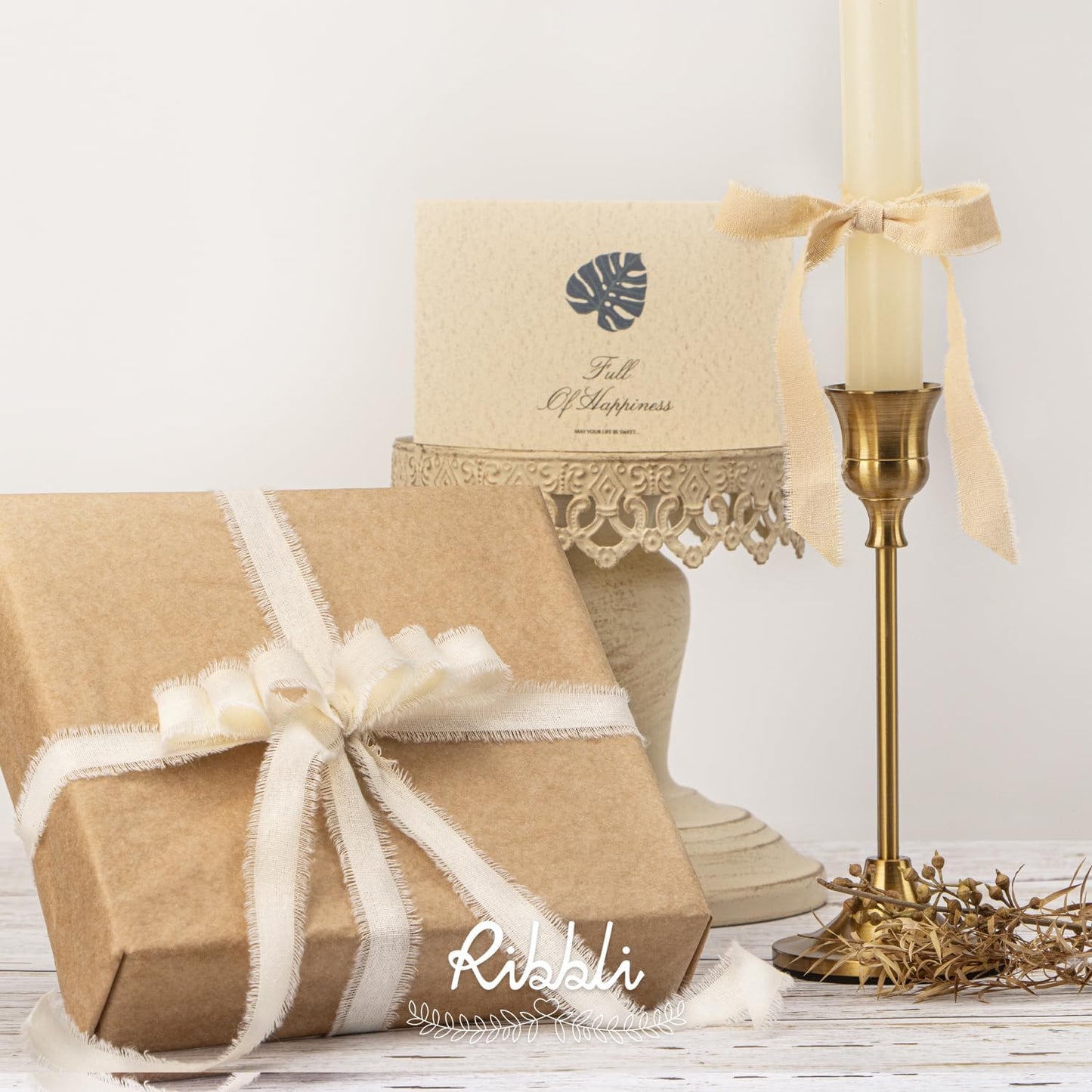 Ribbli 3 Rolls Beige Ribbon 5/8 Inch x 18Yards Ivory Nude Khaki Handmade Cotton Frayed Fringe Ribbons for Gift Wrapping Wedding Invites Bridal Bouquets Baby Shower DIY Crafts Home Decor