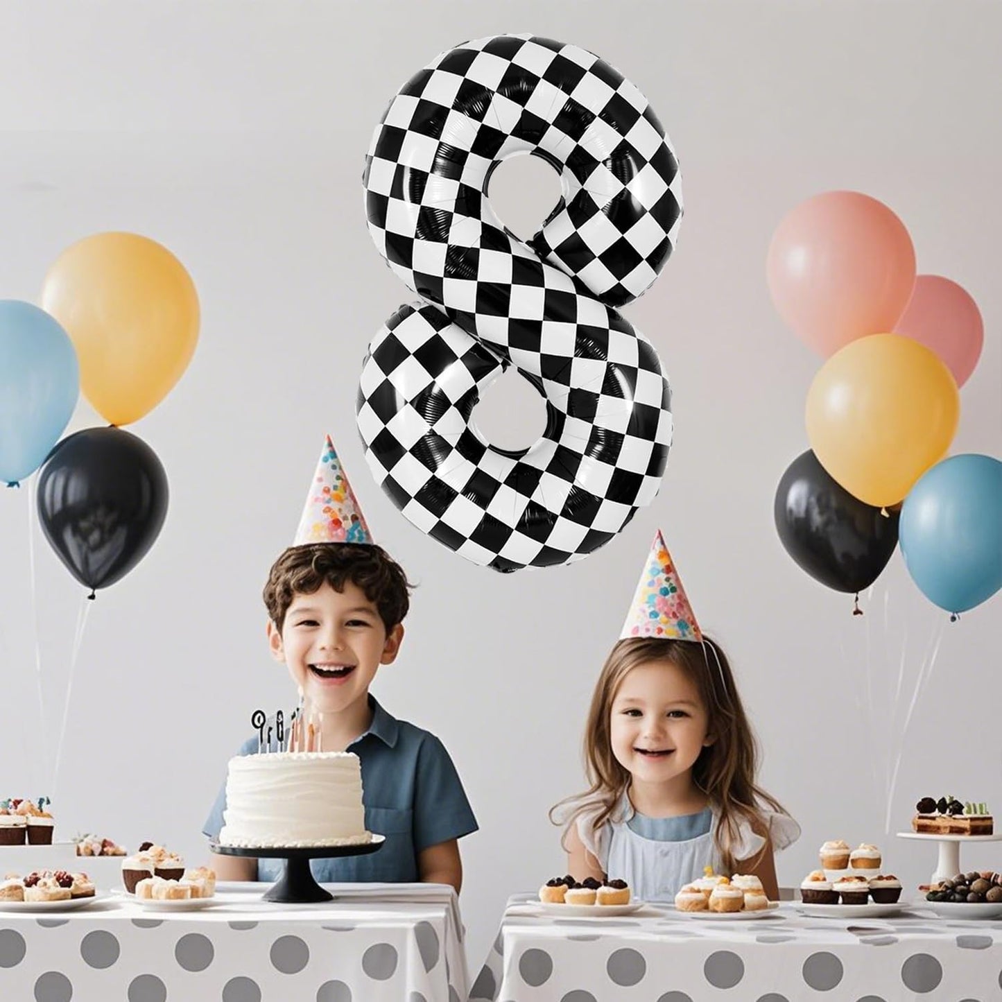 40 Inch Checkered Number 8 Balloon - Race Flag Pattern Big Helium Balloon for Birthday Party Decorations - Black & White Balloon for Kids Adults Party Supplies (Racing Car, Number 8)