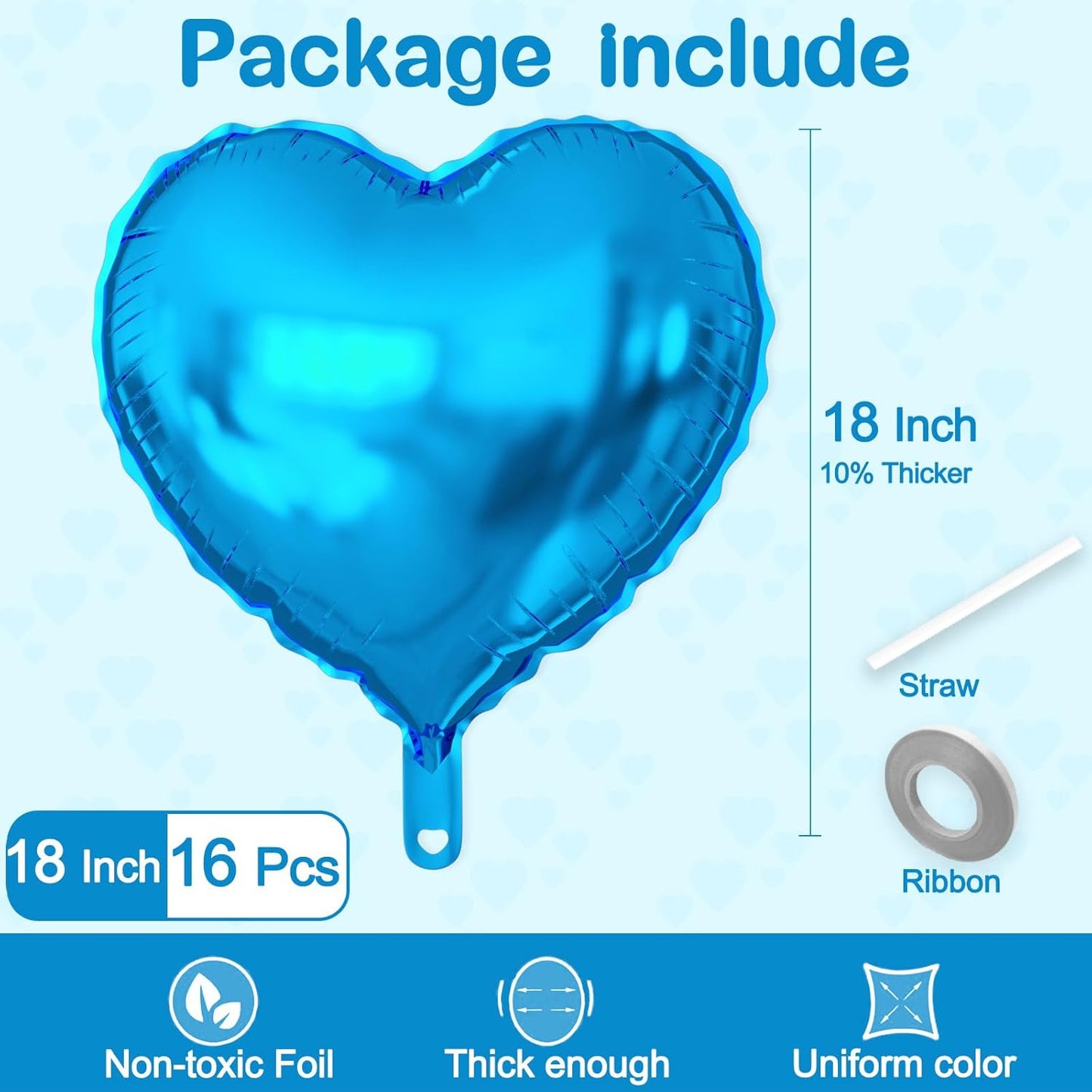 16 Pcs Heart Balloons, 18 Inch Blue Love Heart Shaped Foil Balloons for Wedding Anniversary Birthday Party Valentine Decorations Baby Shower Bridal Shower Engagement Decorations Supplies