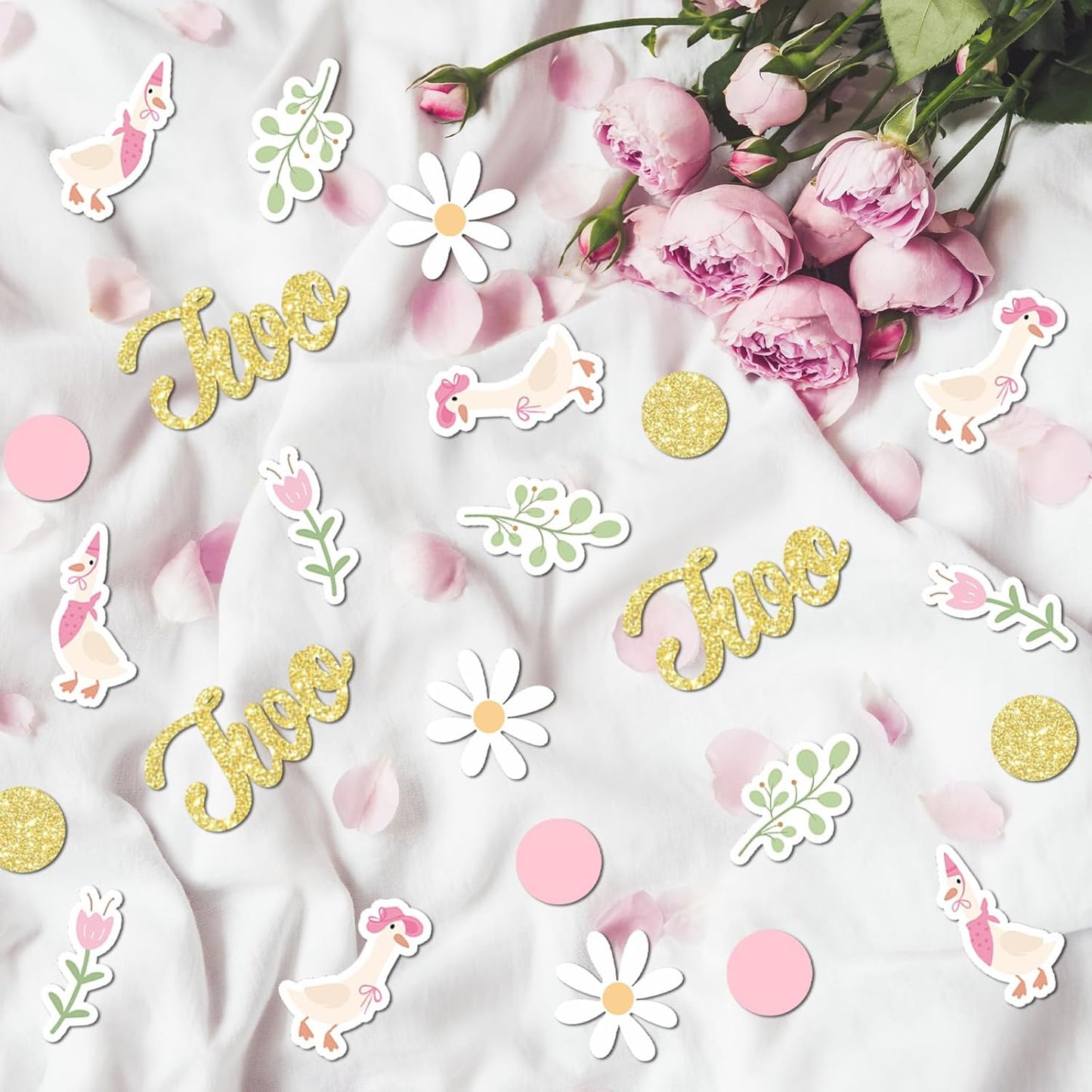 220PCS Two Silly Goose Birthday Decorations for Girl, Goose Dot Leaves Flower 2nd Birthday Confetti for Pink and Gold 2 Year Old Bday Decor