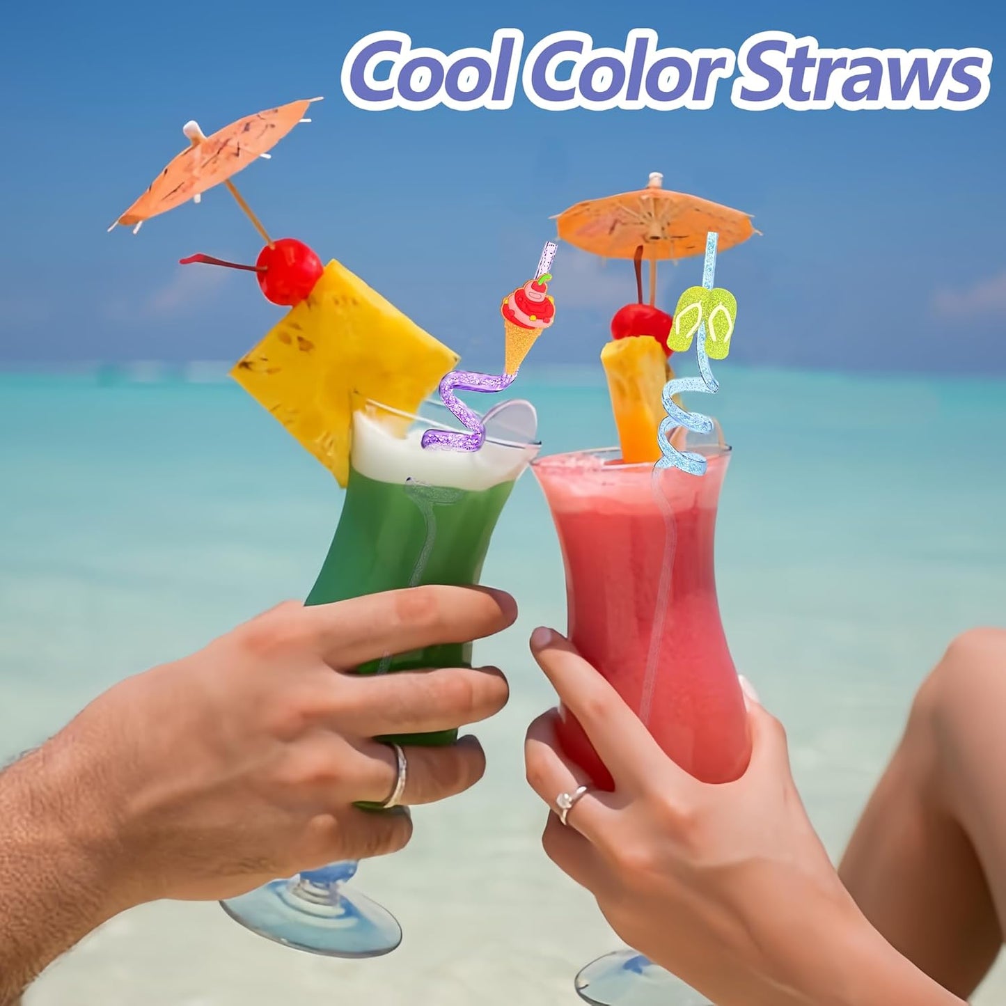 24 Beach Drinking Straws Beach Ball Pool Summer Birthday Party Supplies Decorations Glitter Pool Party Straws With 2 PCS Cleaning Brushes