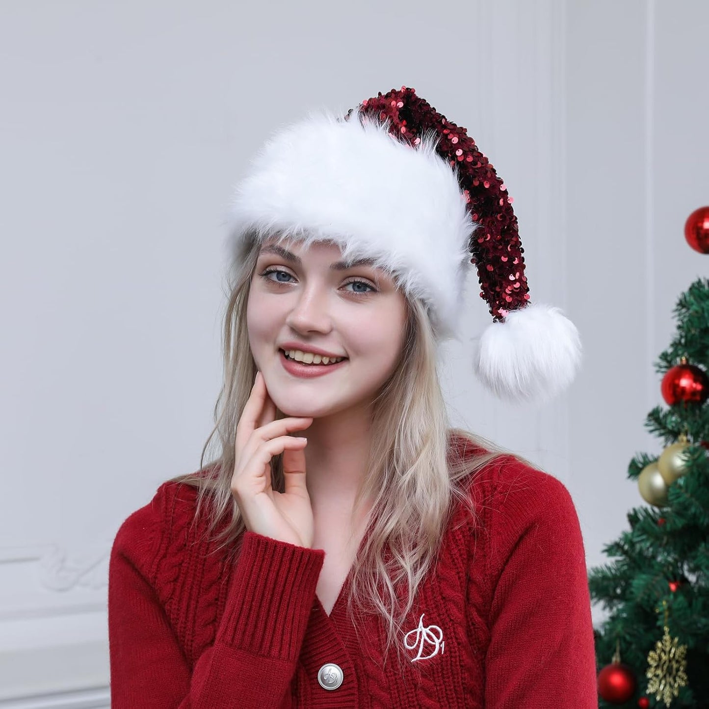 Personalized Sequin Santa Hat for Adults, Red Glitter Christmas Party Hat, Xmas Halloween New Year Holiday Headwear