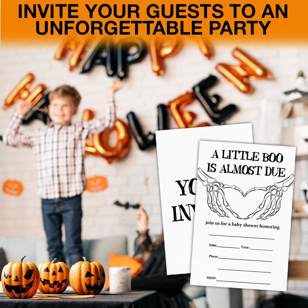 Halloween Baby Shower Party Invitations, Gothic Skeleton Spooky Baby Shower Party Fill in Invites Cards With Envelopes (20 Count) Double Sided Design, a Little Boo Is Almost Due