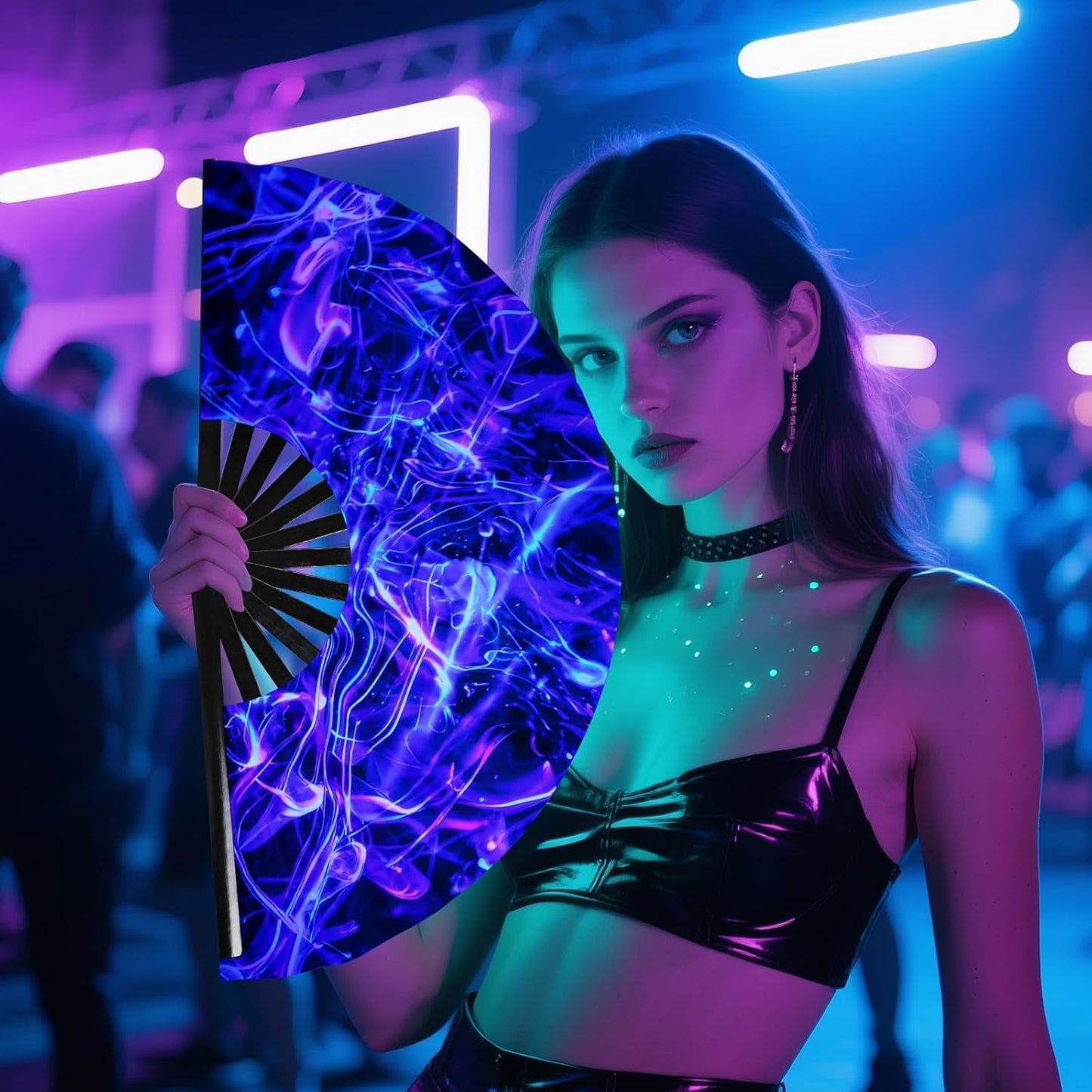 SYNTECSO Folding Hand Fan for Rave, Popping Fan for Line Dancing, Drag Queen, Women and Men Gift,Chinese Japanese UV Glow Clack Fan for Parties, Music Festivals, EDM and Decoration