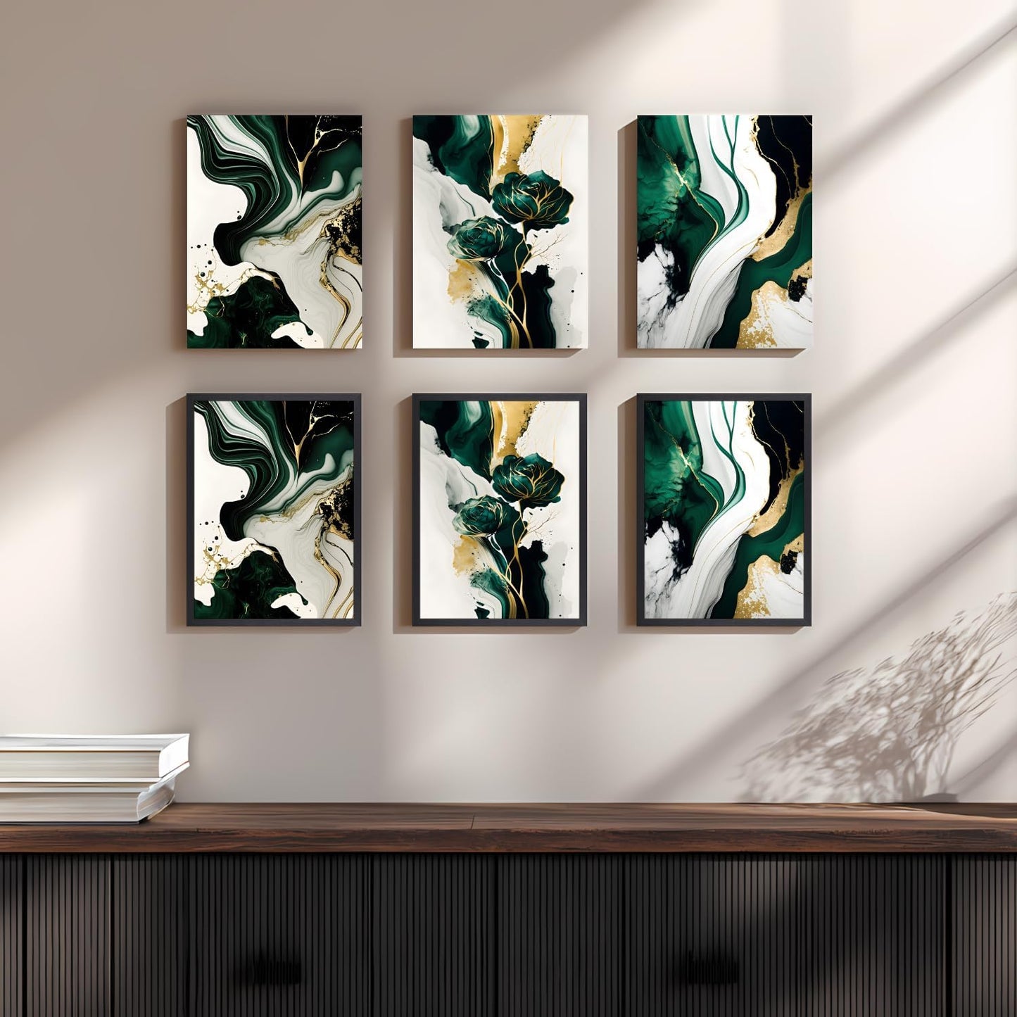 IAFWZX Framed Green Gold Abstract Wall Art, Emerald Marble Textured Wall Decor, Contemporary Line Flower Canvas Paintings, Abstract Floral Poster Prints for Living Room Bedroom Office 16"x24"x3