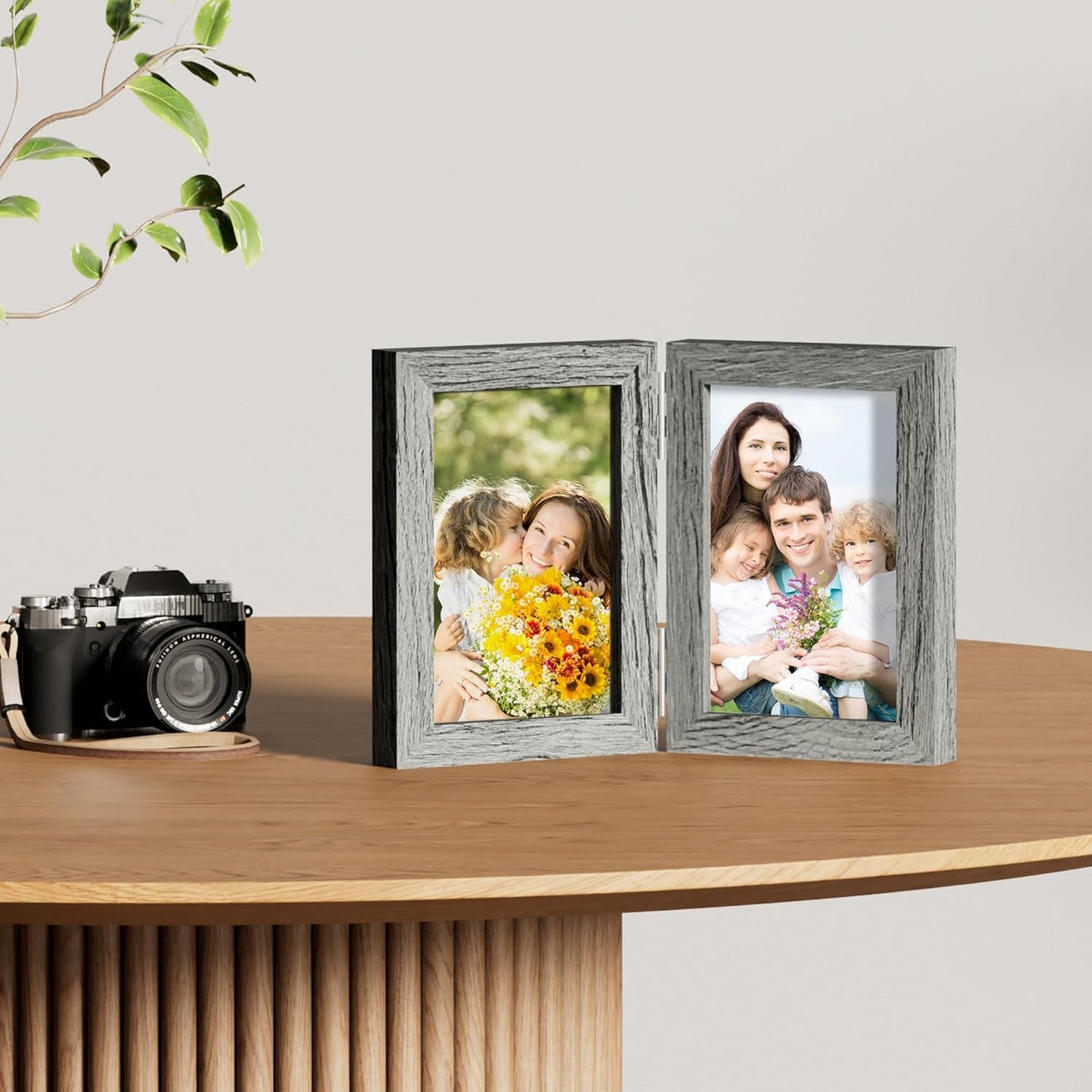 decorUhome Double 4x6 Picture Frame Vertical, Engineered Wood Bifold Photo Frame with Plexiglass for Tabletop Display, 4x6, Grey