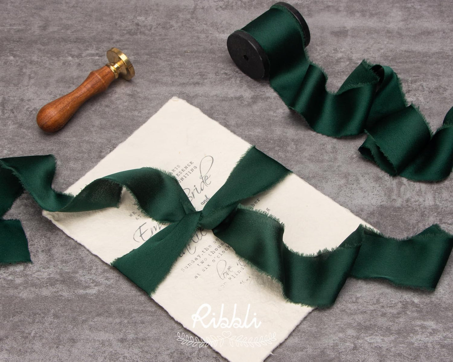 Ribbli Forest Green Silk Satin Ribbon 1.5 Inch x 12 Yard - Handmade Frayed Chiffon With Wooden Spool for Gift Wrapping, Wedding Invitations, Bridal Bouquets, Home Decor