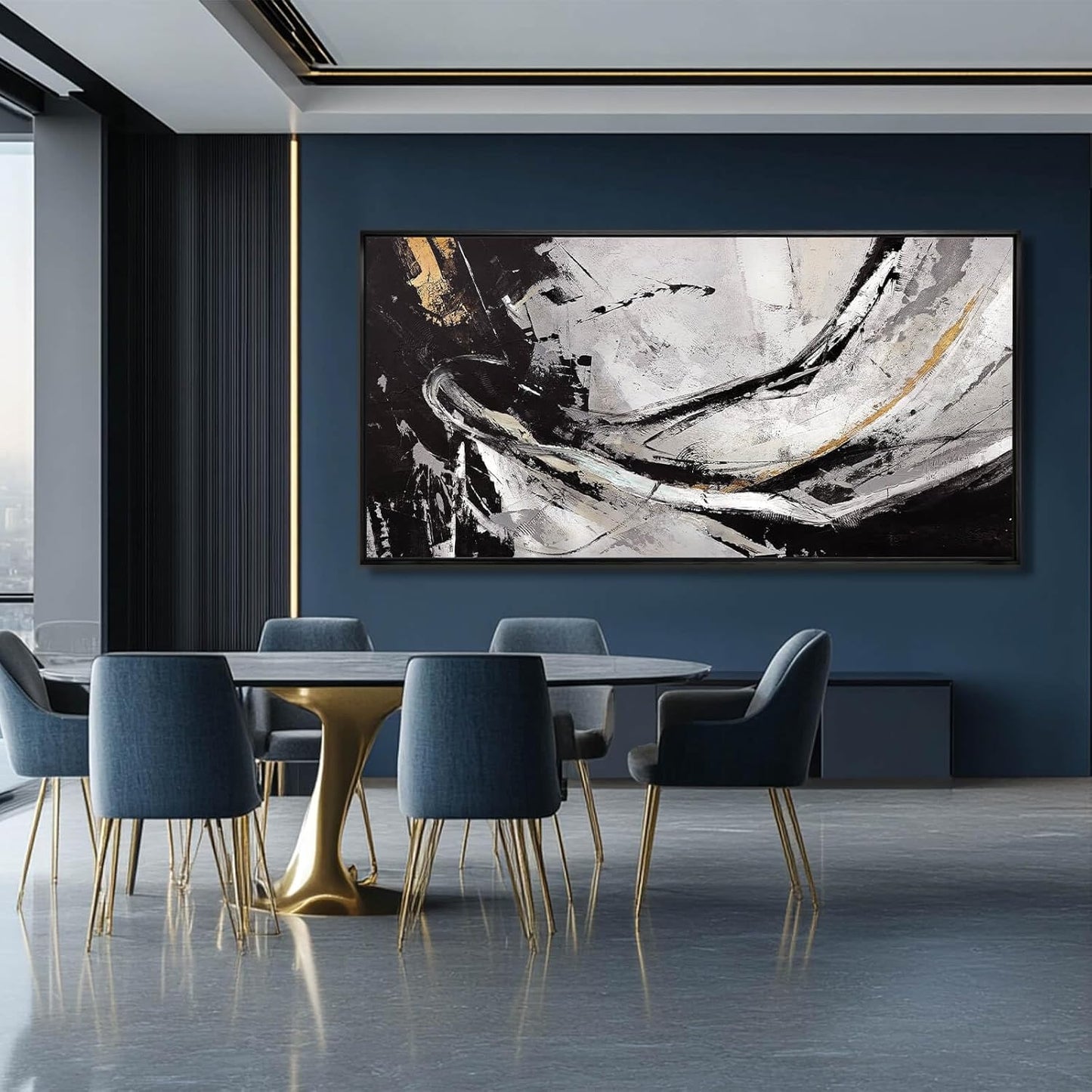 Home Decor Black and White Abstract Painting for Office Bedroom Decorations Framed Canvas Wall Prints Gold Pictures Wall Art for Home 29"x 58"