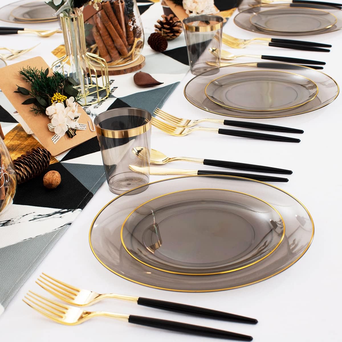 Supernal 180pcs Black Plastic Dinnerware Set Include Gold and Black Plates,Clear Disposable Plates,Gold Plastic Silverware,Clear Cups Suit for Party, Birthday