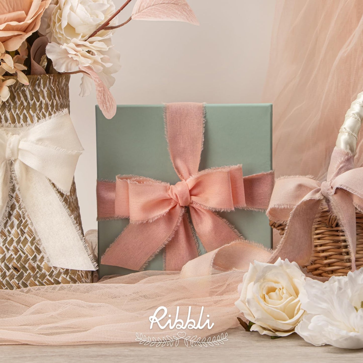 Ribbli 3 Rolls Pink Ribbon 1.5 Inch x 18Yards Ivory Blush Dusty Pink Handmade Cotton Frayed Fringe Ribbons for Gift Wrapping Wedding Invites Bridal Bouquets Baby Shower DIY Crafts Home Decor