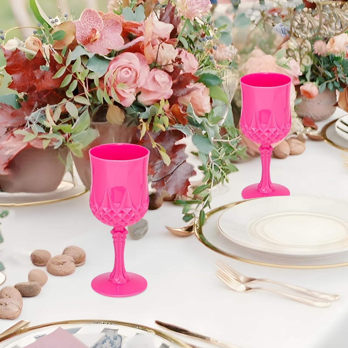 Plastic Vintage Wine Glasses 7OZ Plastic Goblets Vintage Drinking Glasses 12PCS Retro Wedding Glassware Water Goblets Reusable Drinking Cups for Party,Reception,Celebration,Bar,Whiskey(Rose Pink)
