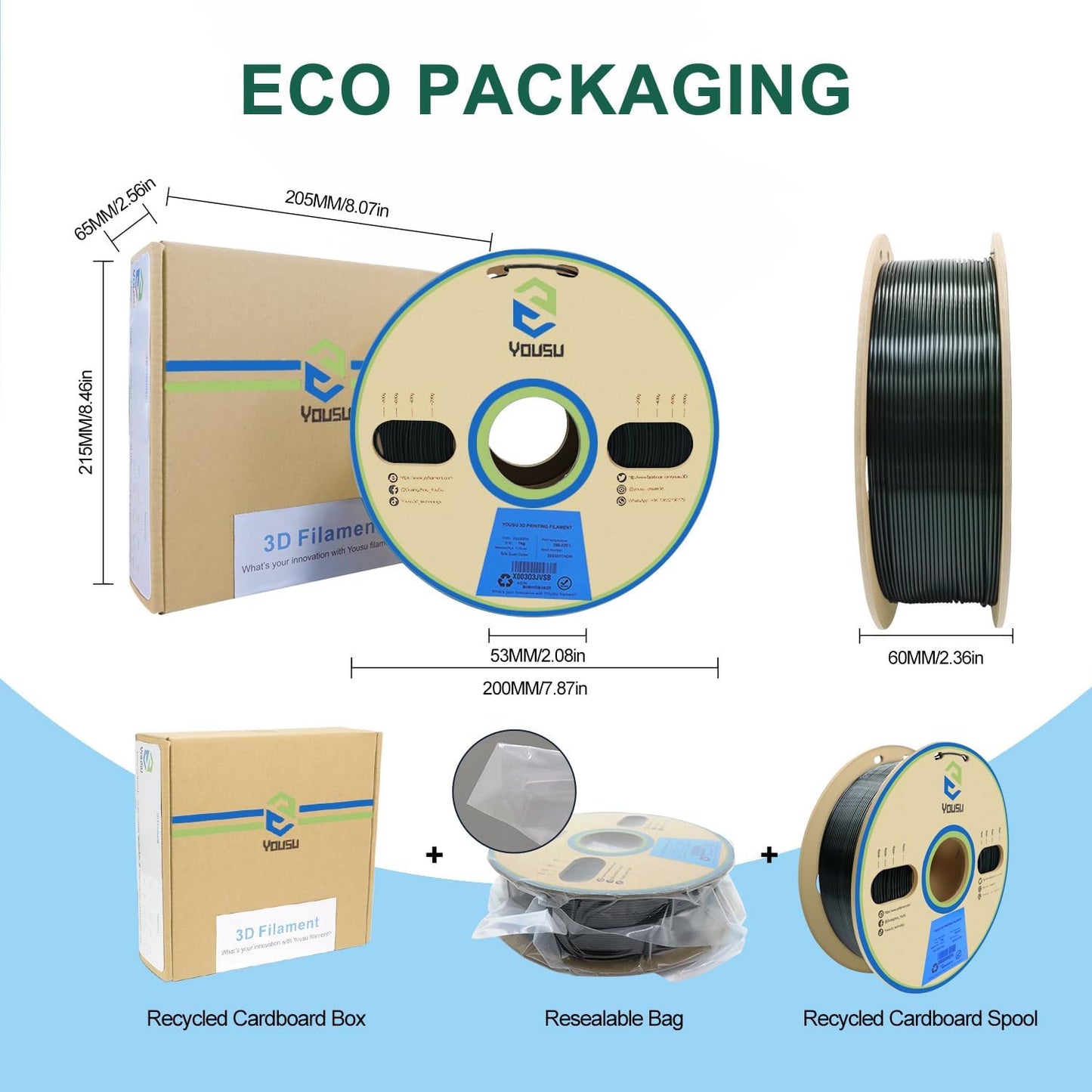 YOUSU PLA Filament 1.75mm, 3D Printer Filament Silk Black Green Color Changing Filament 3D Printing Gradient Filament 1.75 +/-0.02mm, 1kg.