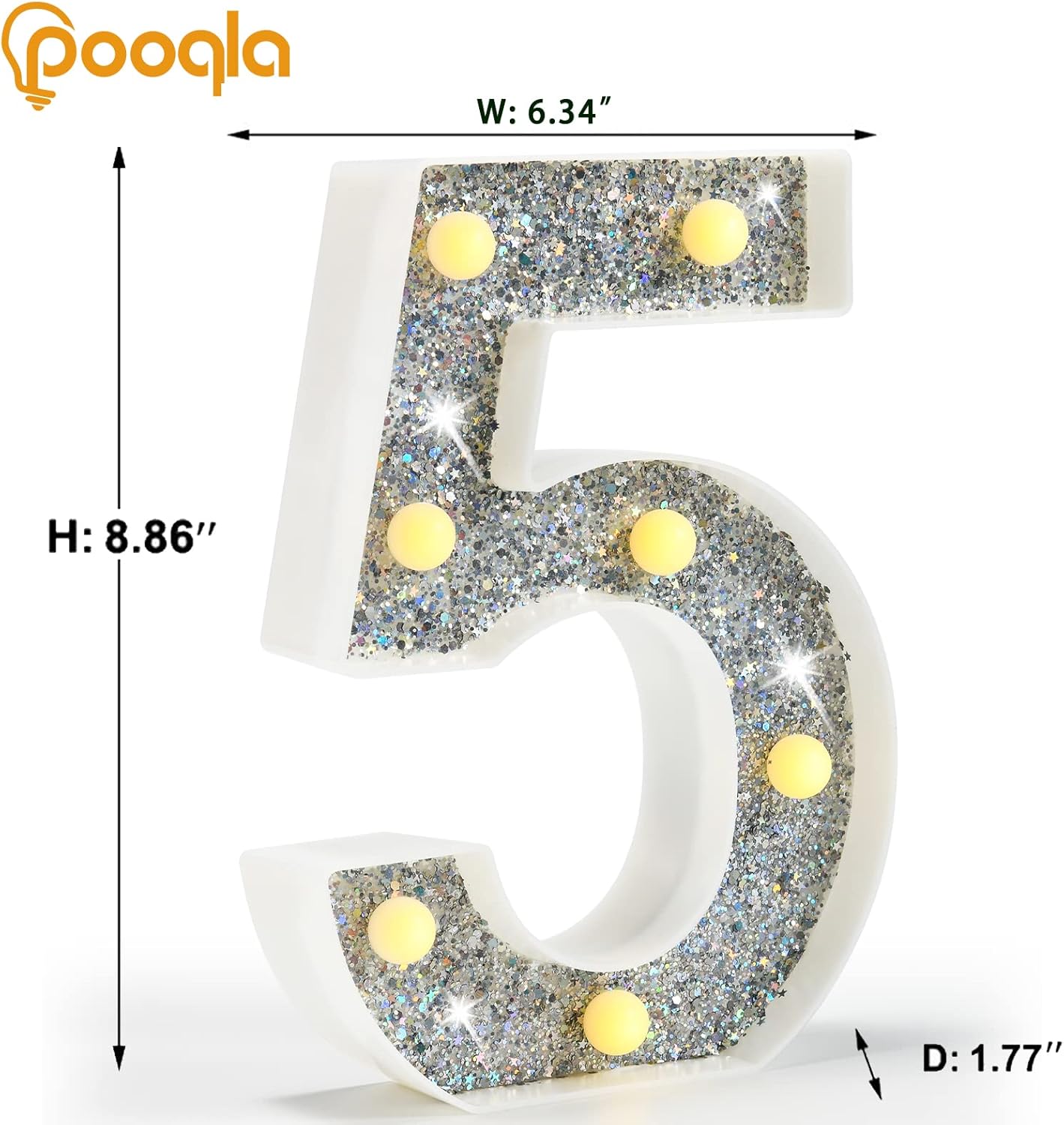 Pooqla Silver Decorative Signage, Lighted Number 5, Battery Powered LED Night Light for Christmas Wedding Home Bar Birthday Party Decoration, Plastic, Silver, 8.86 inches