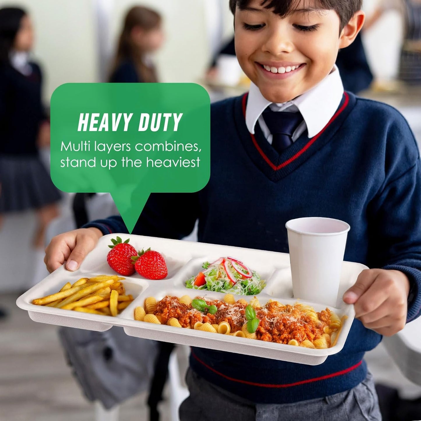 Gezond 100% Compostable 5 Compartment Plates 12.5 * 8.6 Inch, 100 Pack Disposable School Lunch Trays, Eco-Friendly Sugarcane Plates for Party Buffet Lunch Dinner