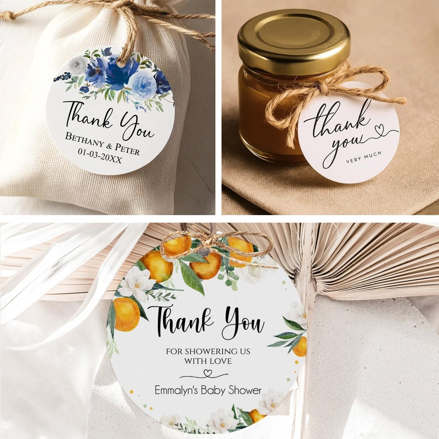 Custom 2inch 100pack Gift Tags with Strings,Personalized Thank You Tags Party Decoration Paper Gift Labels for Birthday Wedding Favor Baby Shower Floral Hang Tag Hangtag (Round Shape)