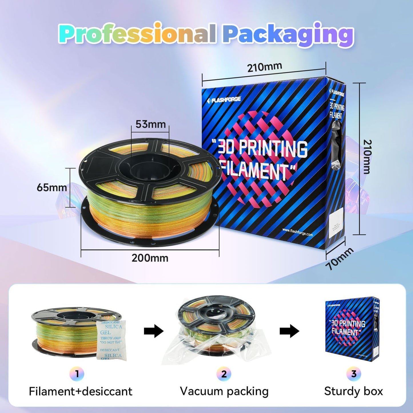 FLASHFORGE Translucent Glitter PLA Crystal Summer Reverie Rainbow Filament, Shiny Sparkling Gradient 3D Printer Filament, Fast Color Change Between Green Yellow Orange Purple, Adjustable Transparency