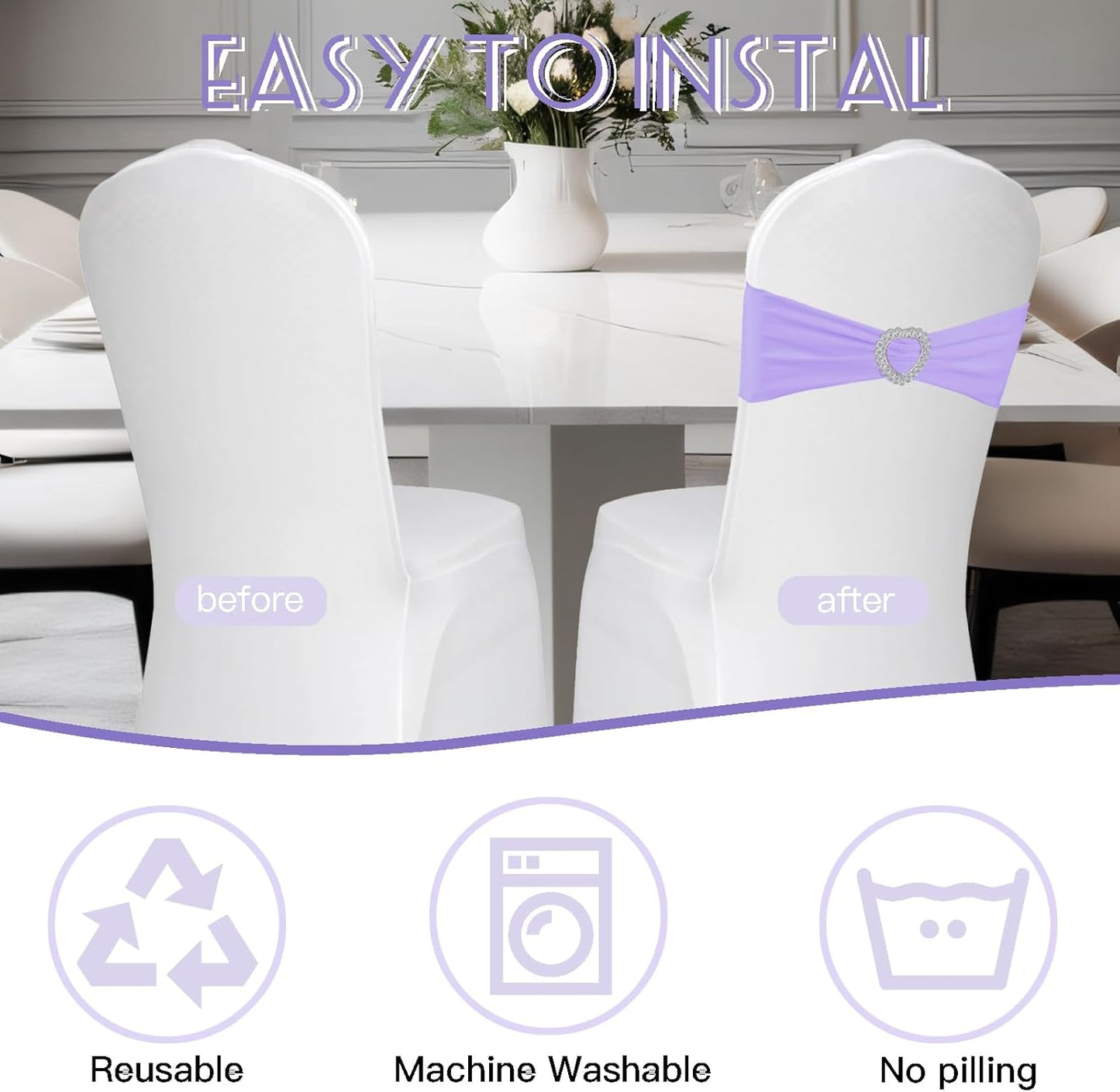 100PCS Spandex Chair Sashes Bows Universal Stretch Elastic Chair Cover Band Ties with Buckle Slider for Wedding Banquet Birthday Party Reception Event Decoration(Lavender)