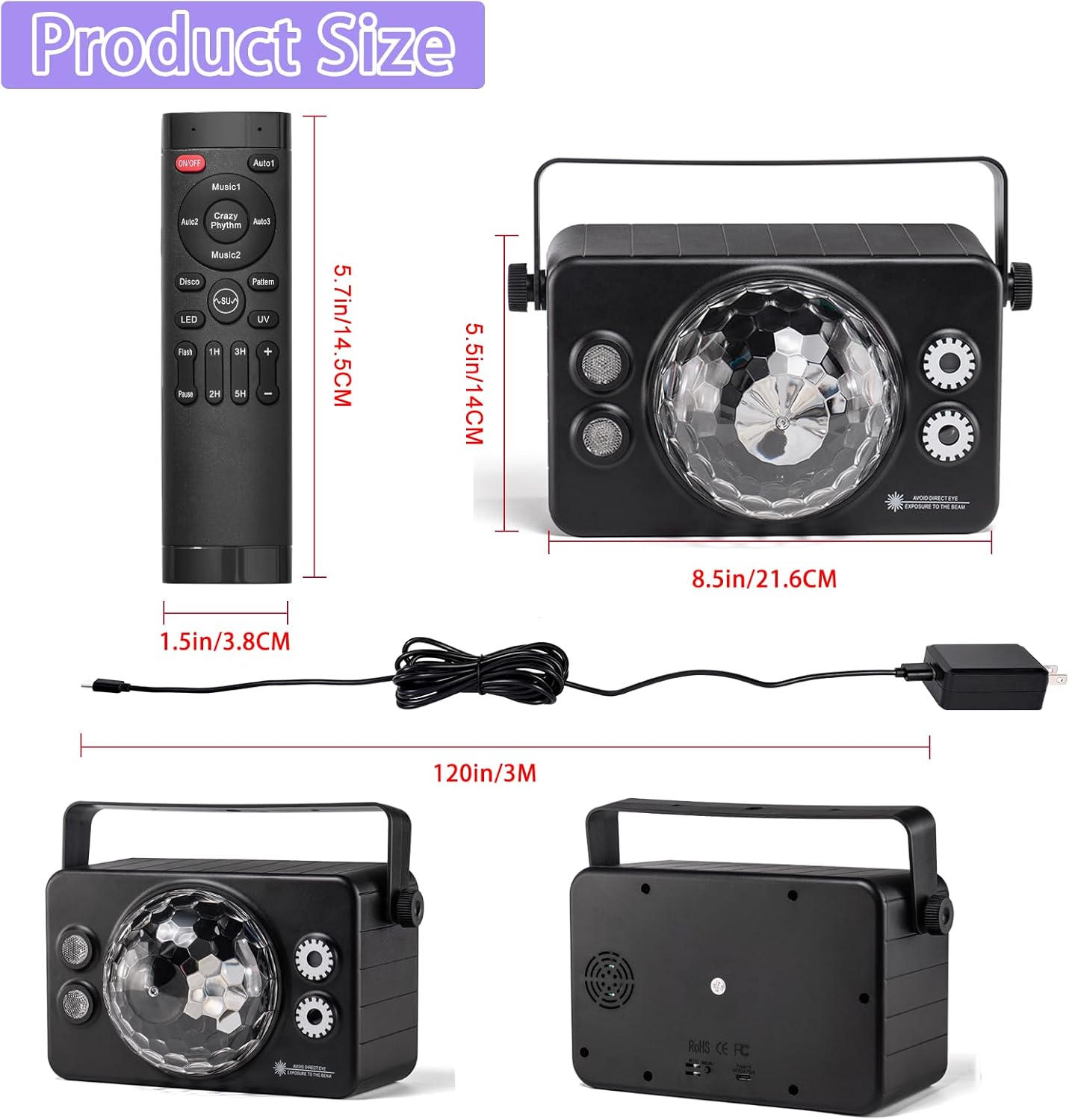 Disco Ball Light Party Lights DJ Disco Lights LED Stage Strobe Light Sound Activated with Remote Control for for Parties Xmas Club Bar Gift Birthday Rave Holiday Christmas Dance Room