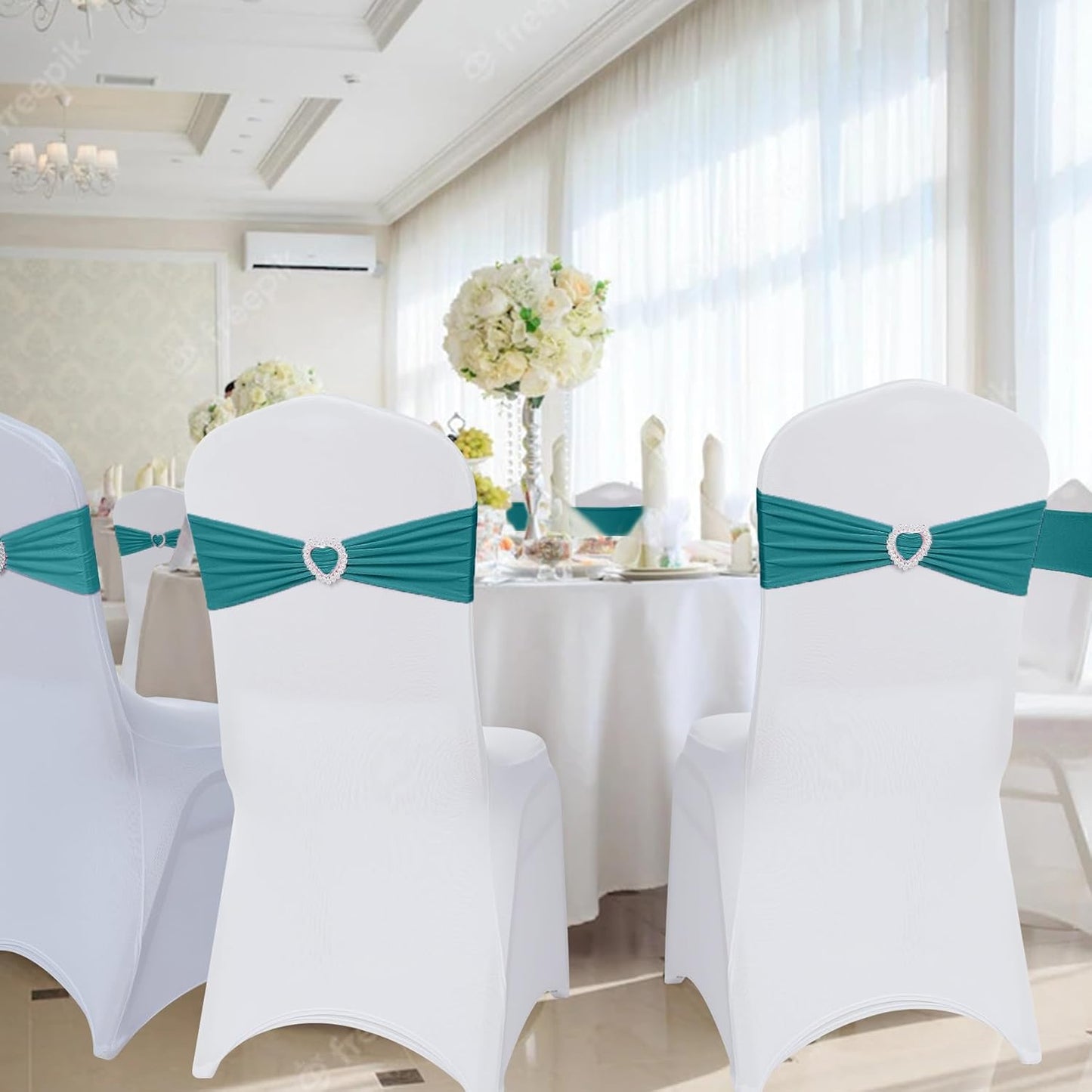 Howhic Pack of 60 Spandex Chair Sashes Bows Stretch Chair Cover Band with Buckle Slider Universal Elastic Chair Ties for Wedding Banquet Party Event Decoration (Turquoise)