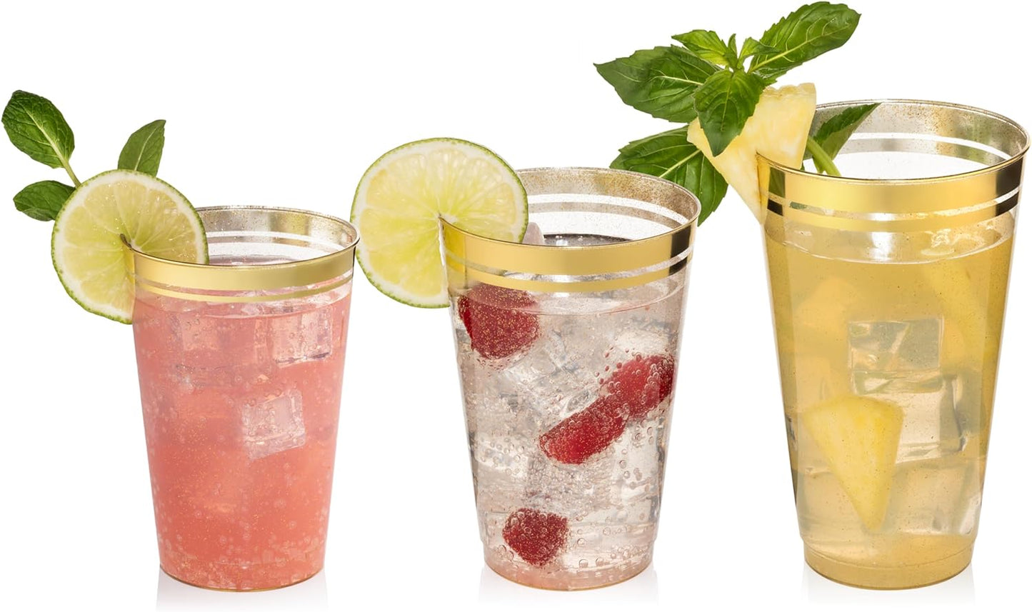 Perfect Settings 100 Premium 14oz Hard Plastic Cups Clear Glitter Gold Plastic Double Line Rimmed Cups Fancy Disposable Wedding Cups Elegant Party Cups with Twin Colored Rim (Glitter Gold Rim, 14)