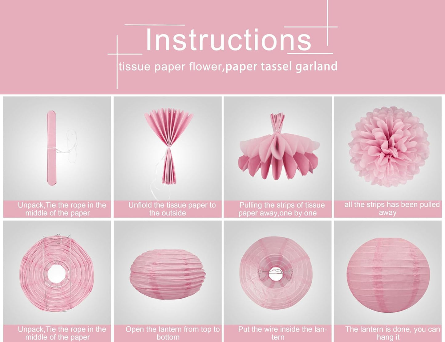 Rose-Gold Pink White Party Decorations - 15Pcs Tissue Pom Poms Paper Flowers Paper Lanterns Birthday Valentines Day Baby Girl Shower Women Bridal Wedding Engagement Bachelorette HongTongTong