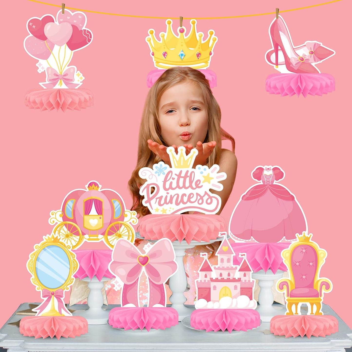 Princess Birthday Party Supplies Kit - Princess Themed Honeycomb Centerpiece ,Table Decorations for Kids' Princess Themed Birthday Party Decorations