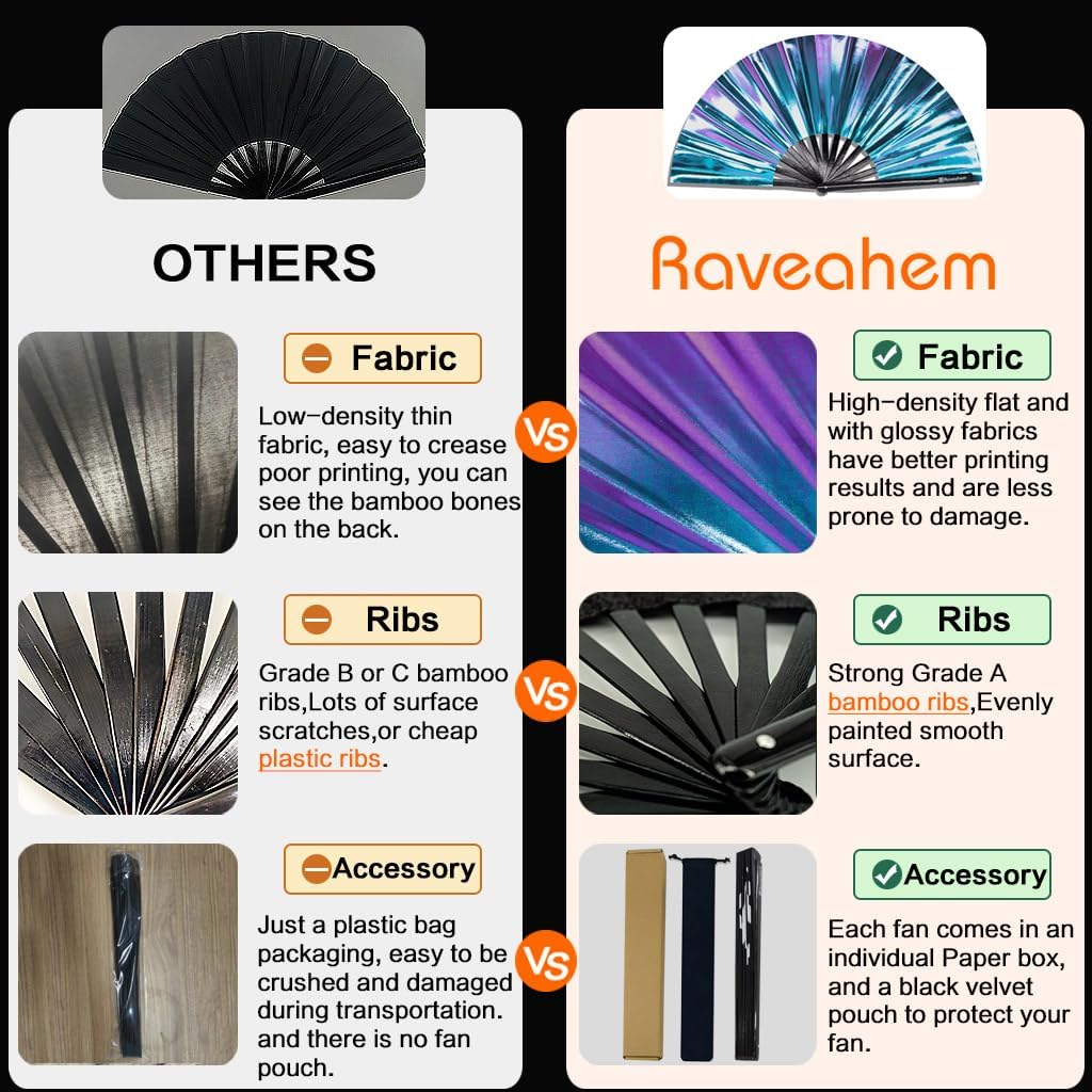 Large Rave Fan, Clack Folding Hand Fan with Premium Fabric, Thick Bamboo Frame for Men Women Gift for EDM, Festival, Club, Party, Dance, Decoration (Holographic Blue-Purple, 13")