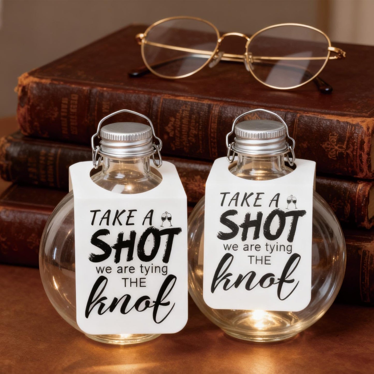 Take a Shot We are Tying (Or Tied) The Knot Tags with Hanging Hole Rectangle Kraft Paper Card Decorative Knot Tags for Engagement Party Wedding Decor, Bridal Party Gifts (Rectangular White)