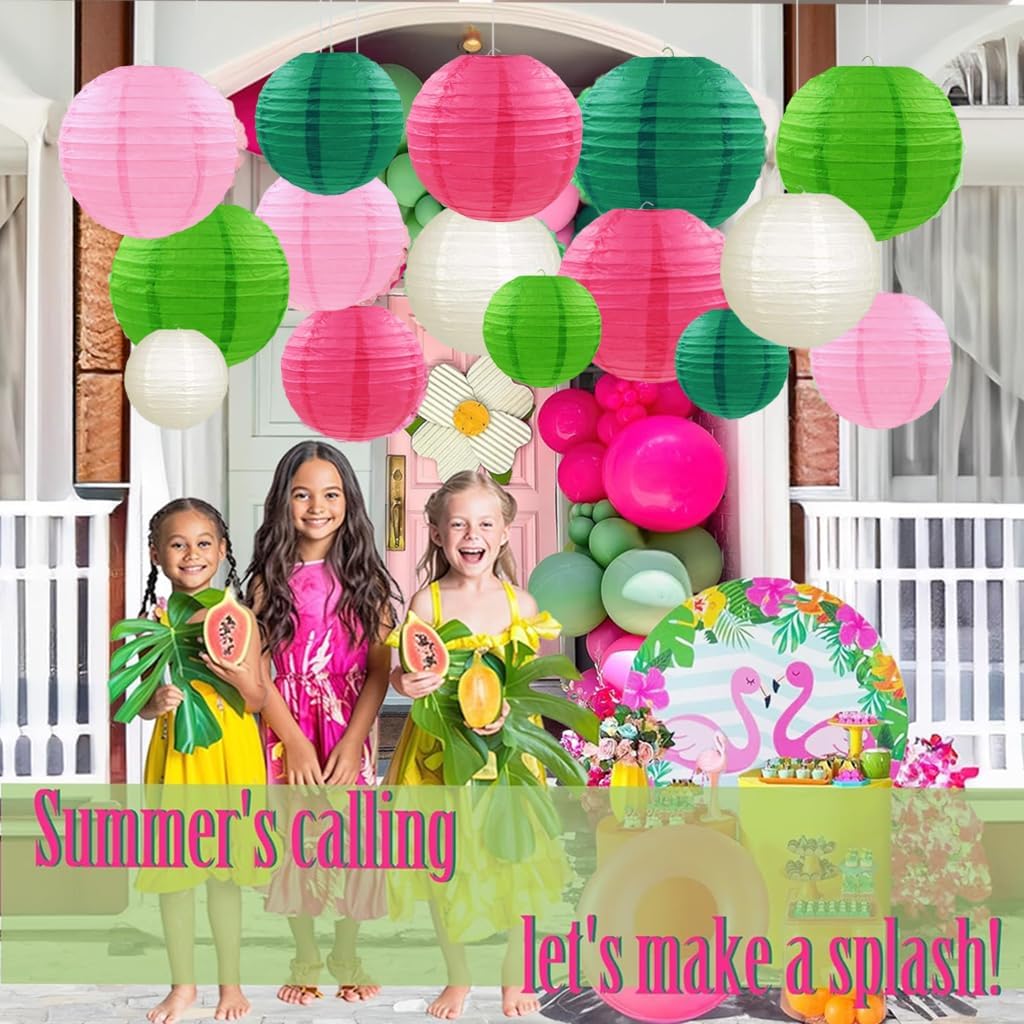Pink Green Paper Lanterns Decorative 15pcs Party Hanging Decorations for Party Birthday Bachelorette Wedding Birthday Baby Shower Summer Themed Party Anniversary Green Pink White Room Decor