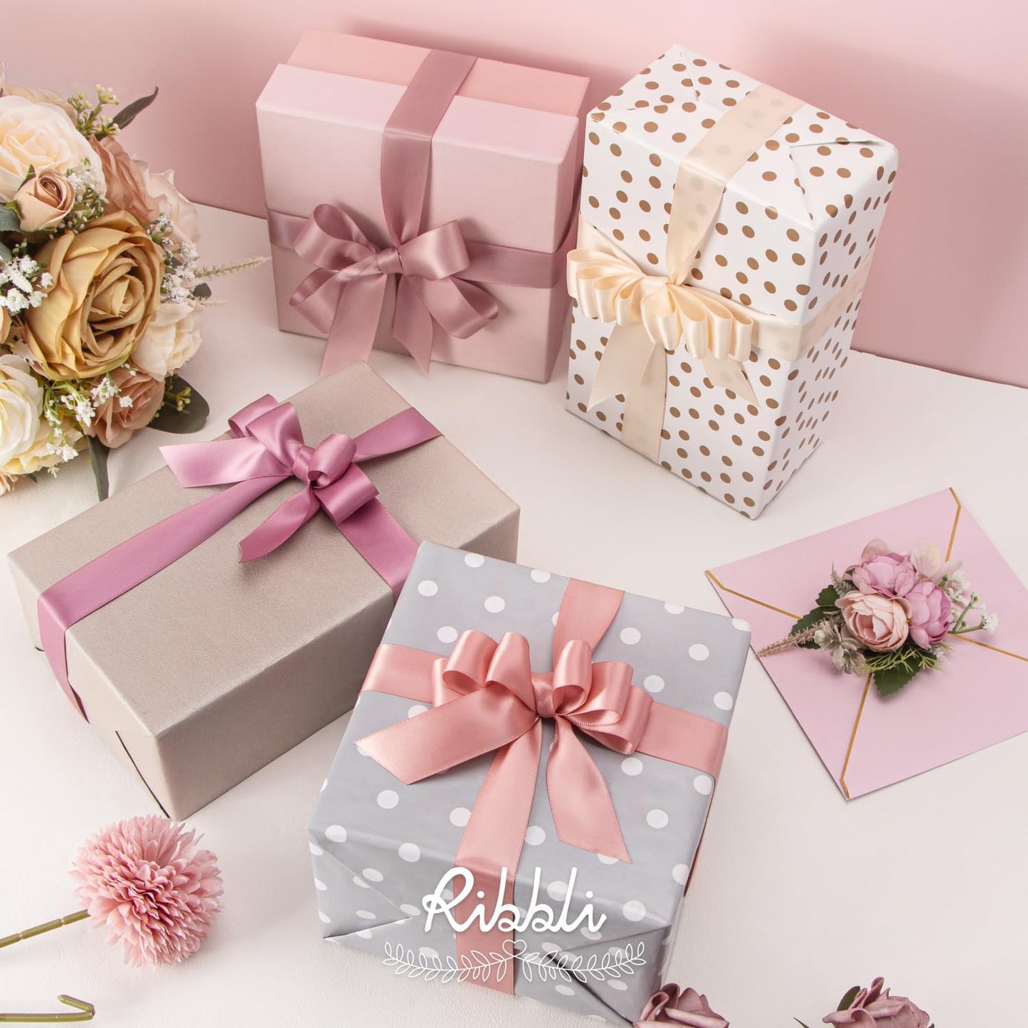 Ribbli Dusty Rose Satin Ribbon 1 Inch x 4 Rolls Total 40 Yards- Pink/Rose Gold/Rosy Mauve/Mauve Ribbon for Gift Wrapping Craft Wedding Decoration