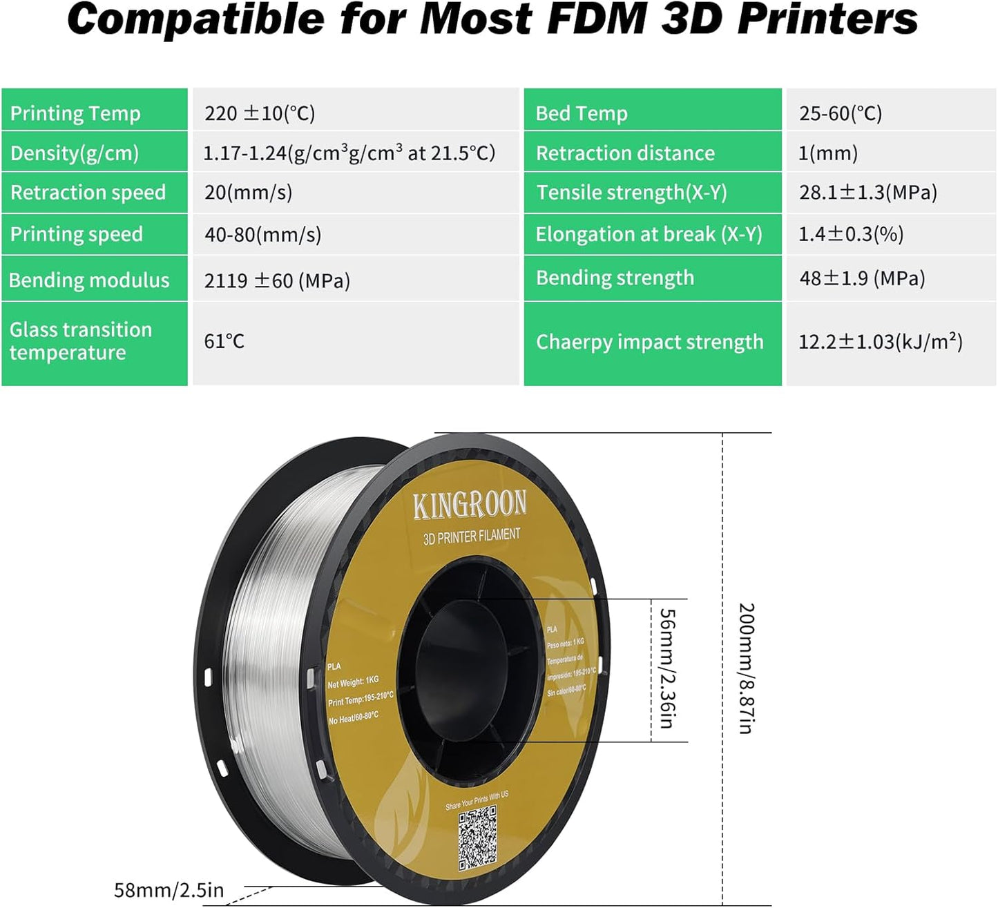 Kingroon PLA Filament 1.75mm 3D Printer Filament Transparent Pla Filament 1kg Filament Dimensional Accuracy +/- 0.02mm, Fit Most FDM Printer, Transparent