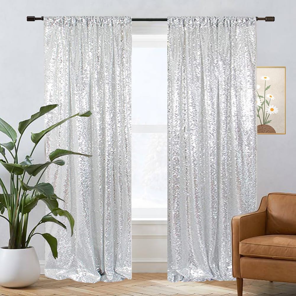Eternal Beauty Silver Sequin Backdrop Curtains, Shimmer Back Drop 2Panels-3FTx7FT for Christmas, Party, Birthday, Photography, Wedding, Baby Shower Event Decoration