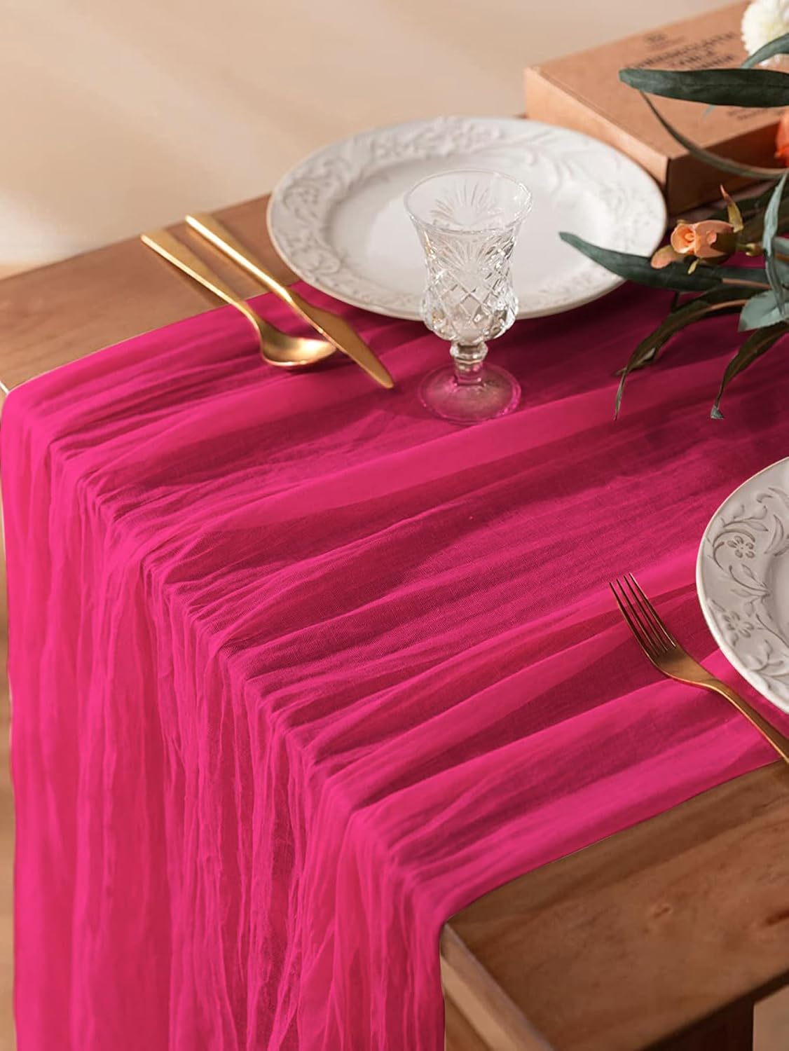 8 Pack Hot Pink 10 Ft Cheesecloth Table Runner 35x120 Inch Boho Wrinkled Sheer Romantic Gauze Decor for Wedding, Bridal Shower, Birthday Party