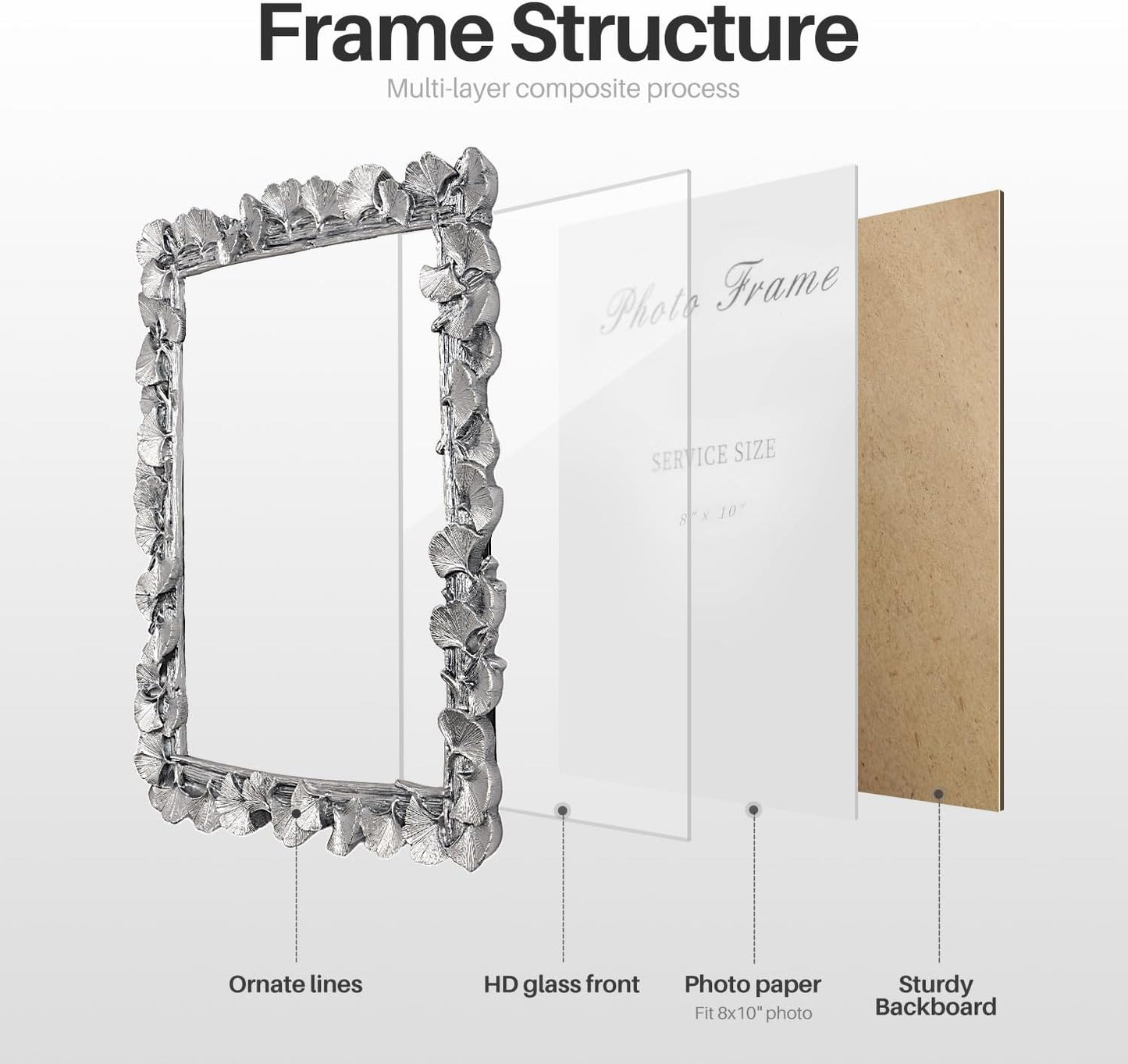 Cuspin Silver 8x10 Picture Frame, Vintage Silver Ornate Leaf Textured Hand-Crafted Resin with Glass Front Antique Photo Frame for Tabletop Display, Retro Design Home Decor