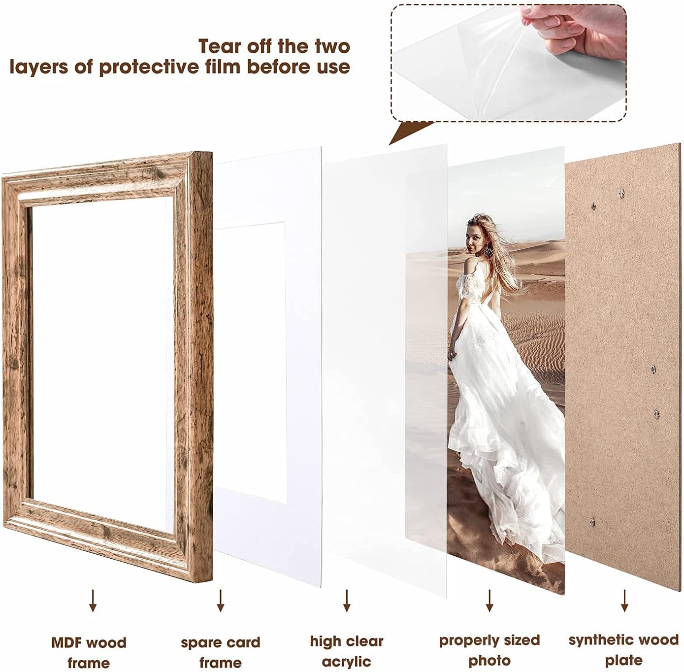 TWING 8x10 Picture Frame Set of 6, Vintage Walnut Photo Frames Display Pictures 5x7 with Mat or 8X10 Without Mat, Tabletop Display and Wall Mounting Home Decorative Photo Frames Pre-Installed, Walnut