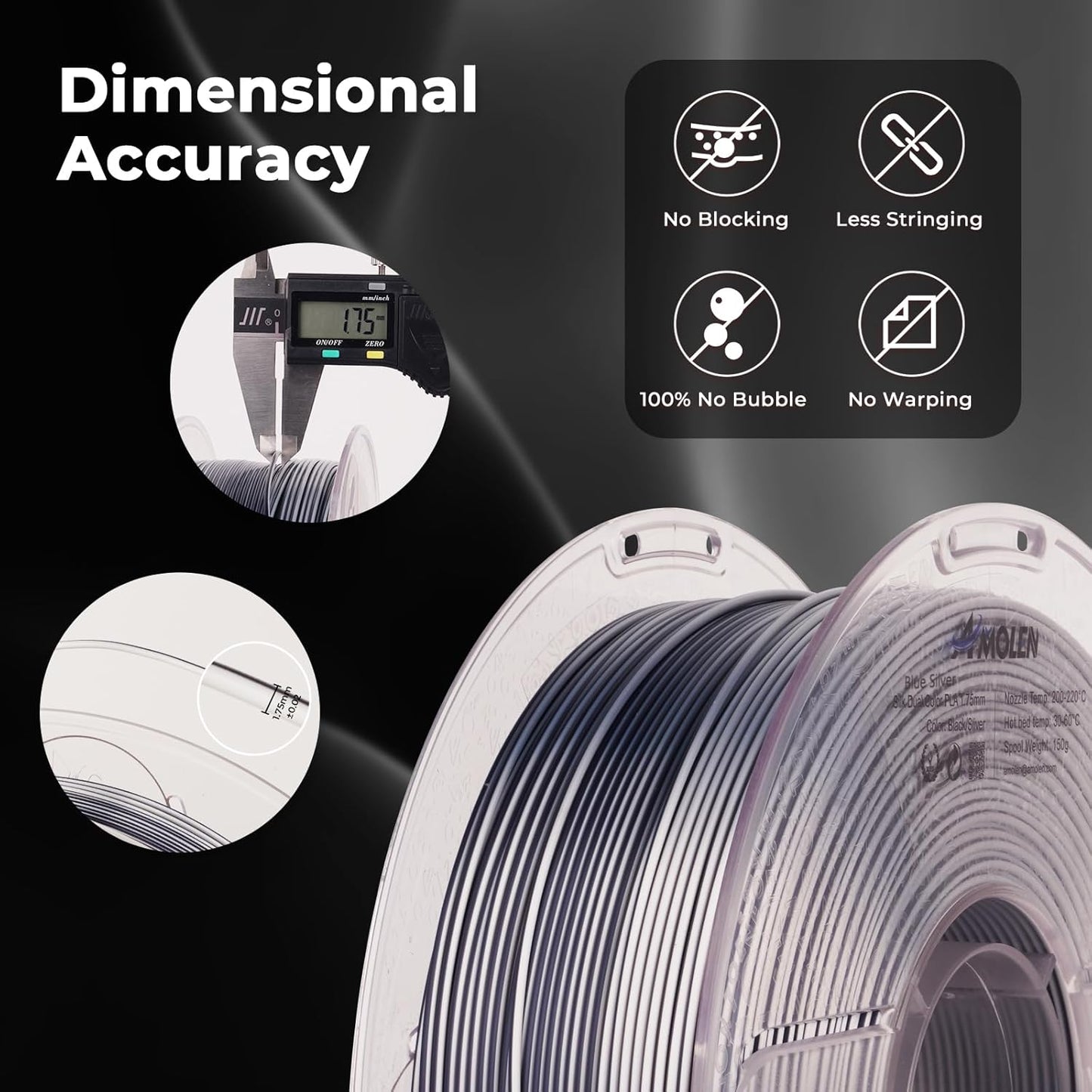 AMOLEN Silk PLA 3D Printer Filament, Dual Color Black Silver PLA 1.75mm, Shiny Color Change Filament 3D Printing PLA Filament for Most FDM 3D Printer, 1kg Spool(2.2lbs)