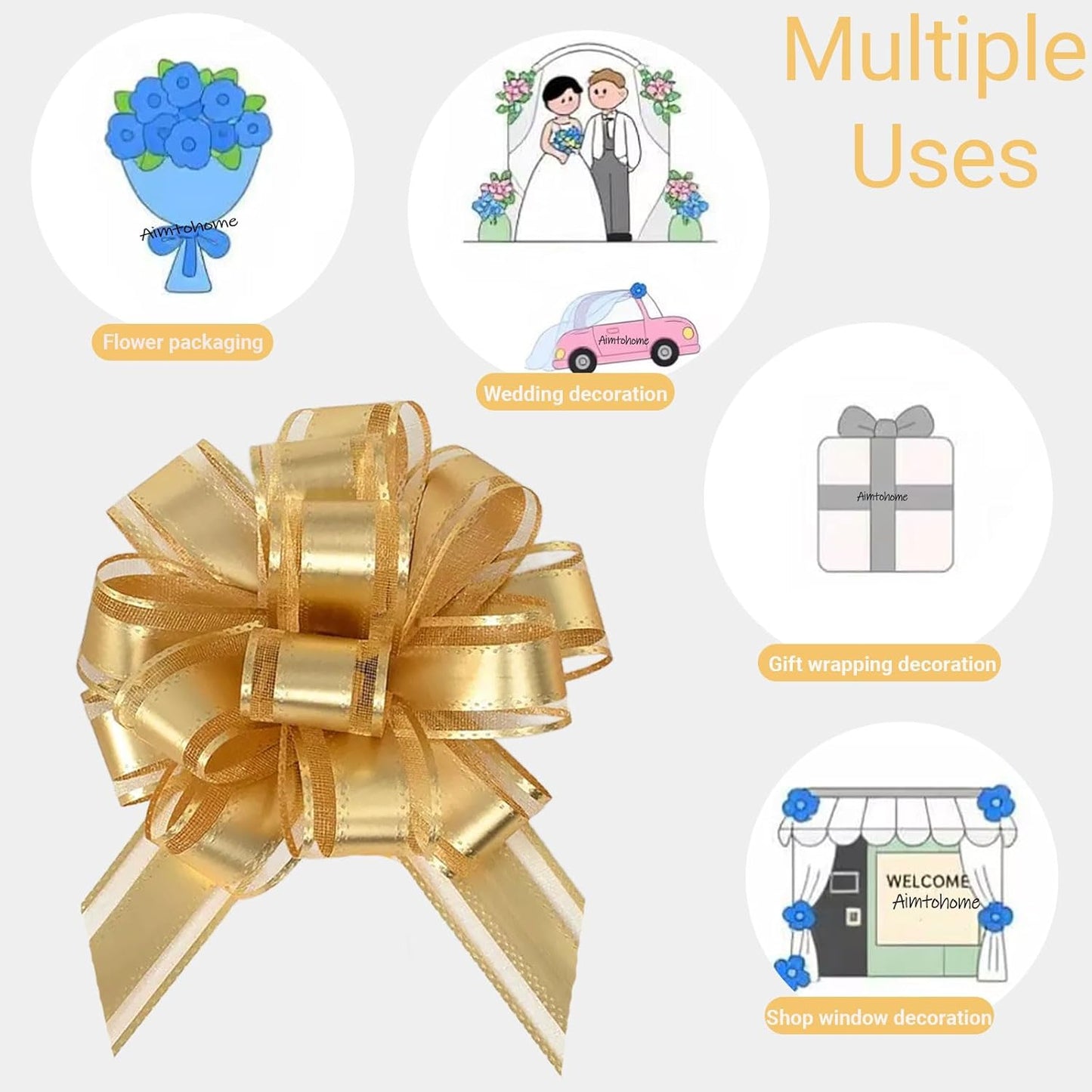 Small Pull Bows, 10 PCS 4 Inch Gold Gift Bows for Wrapping,Basket, Wedding,Birthday Party,Flower Bouquet Decoration