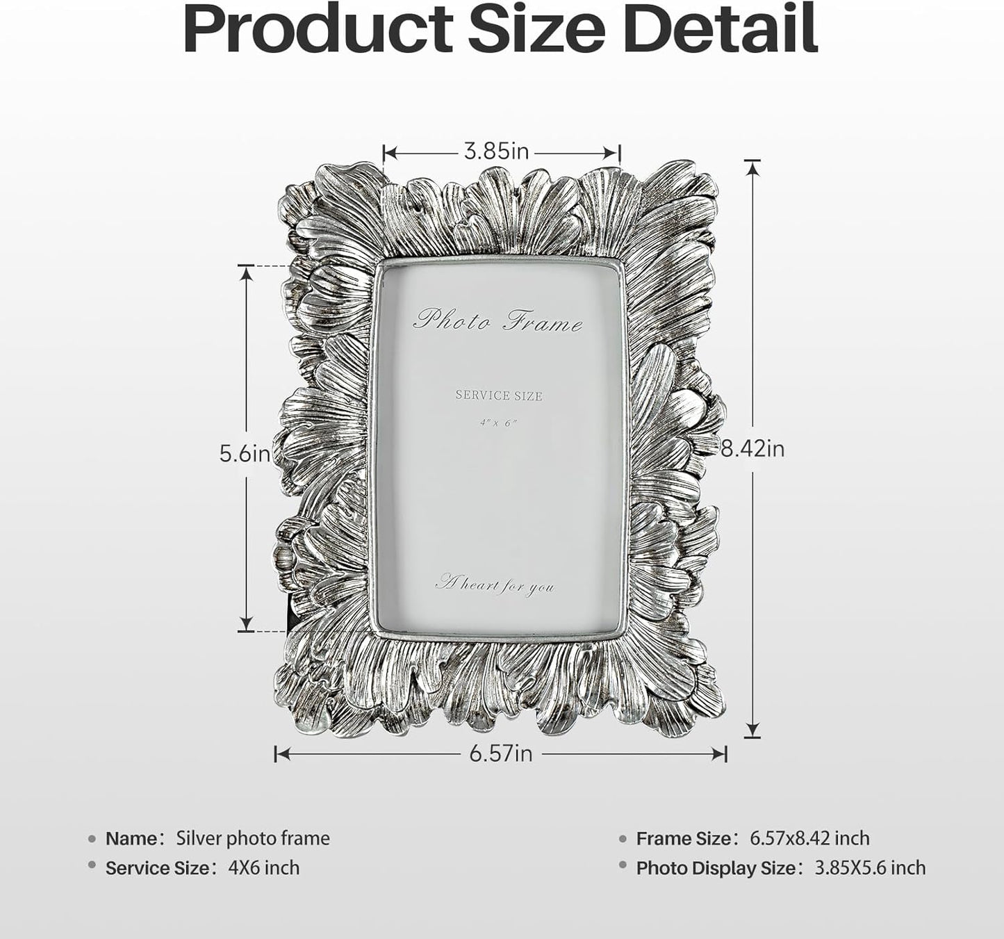 4x6 Silver Picture Frame, Vintage Silver Palm Leaves Textured Hand-Crafted Resin Frames with Glass Front, Elegant Retro Rustic Design Photo Frame for Wall and Tabletop Display Home Decor