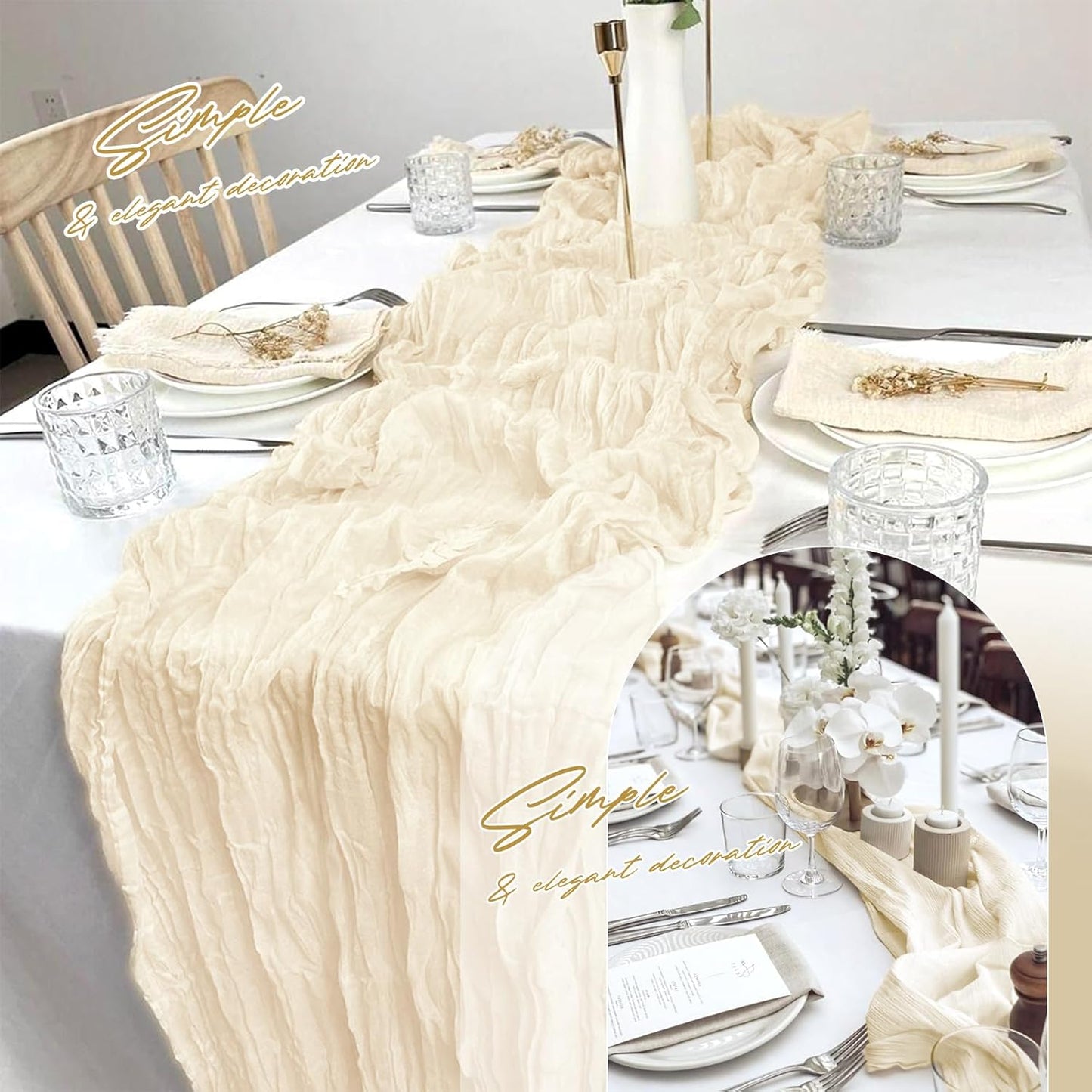 Aktor 4 Pack Ivory Table Runner Boho Cheesecloth Table Runner Semi Sheer Gauze Fabric Runners for Wedding Birthday Baby Shower Party Boho Table Decoration(Ivory)