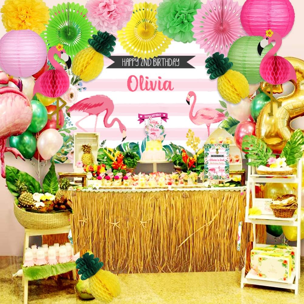 YUNXUAN Flamingo Party Supplies, Hawaiian Party Decorations Flamingo and Pineapple Honeycomb Ball Paper Lanterns Paper Fans Pom poms Flowers for Birthday Luau Tropical Bachelorette Party