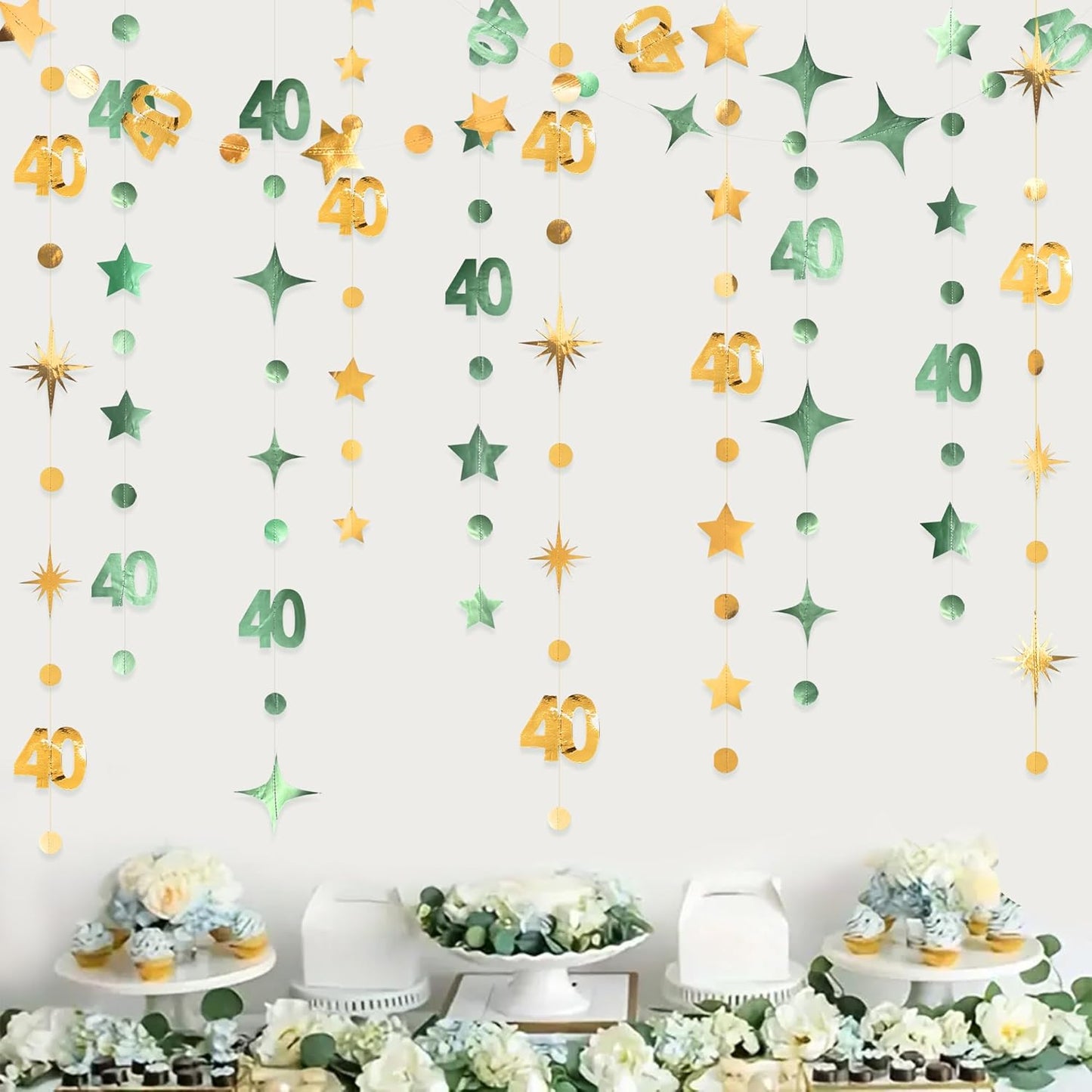 Sage Green Gold 40th Birthday Decorations Number 40 Circle Dot Twinkle Star Garland Streamer Banner Backdrop for Women Mens Cheers to 40 Years Old Birthday Happy 40th Anniversary Party Supplies