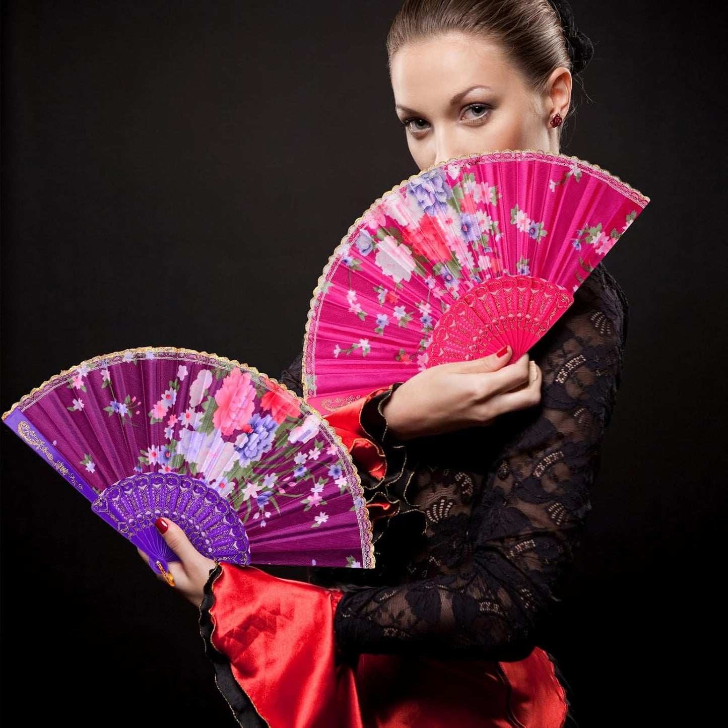 Geetery 30 Pcs Folding Hand Fan for Line Dancing Spanish Boots on The Ground Fans Gifts Bulk Colorful Silk Popping Rave for Women Tea Party Wedding Church Halloween Costume(Floral,Classic Colors)